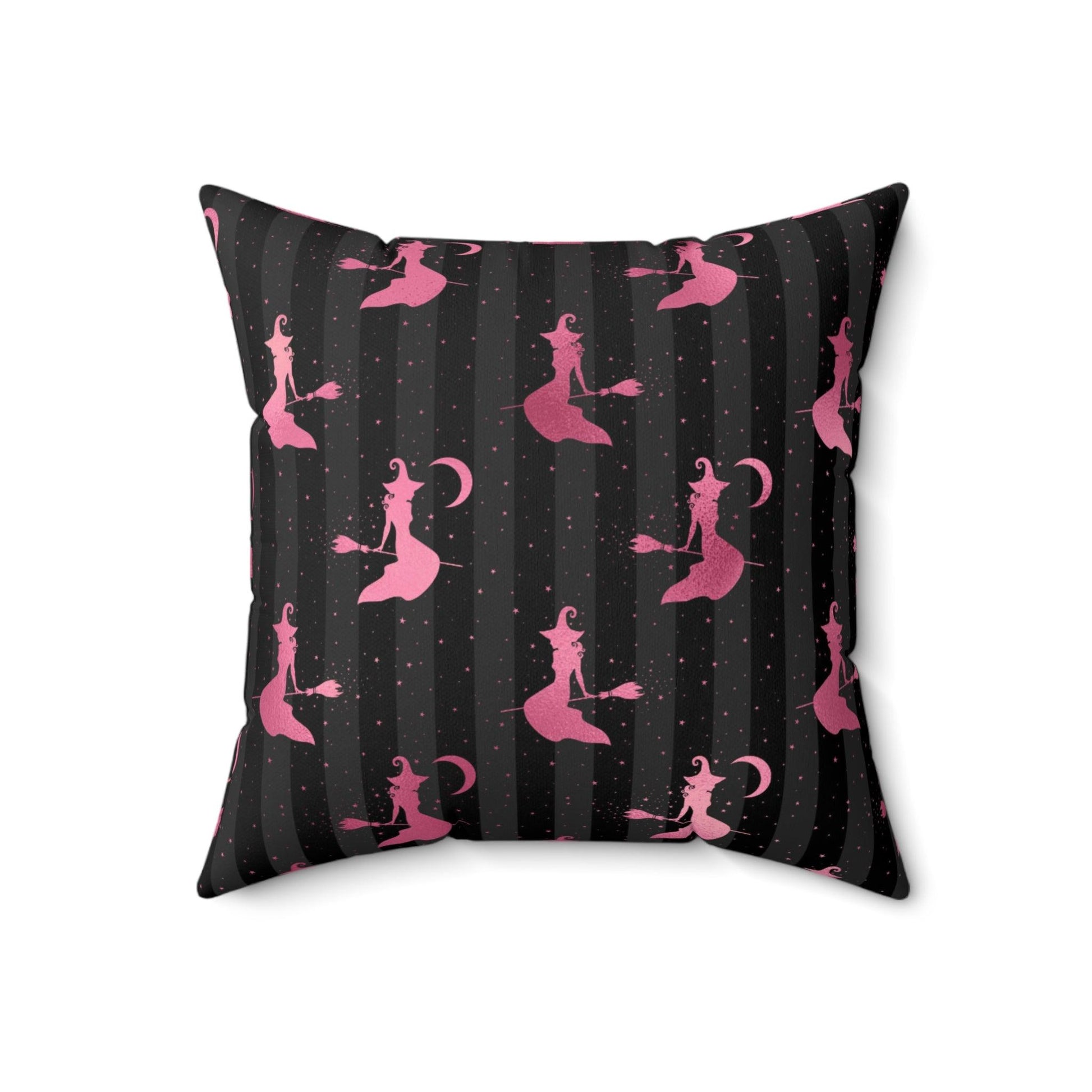 Flying Witch Glam Goth Halloween Pink & Black Throw Pillow | lovevisionkarma.com