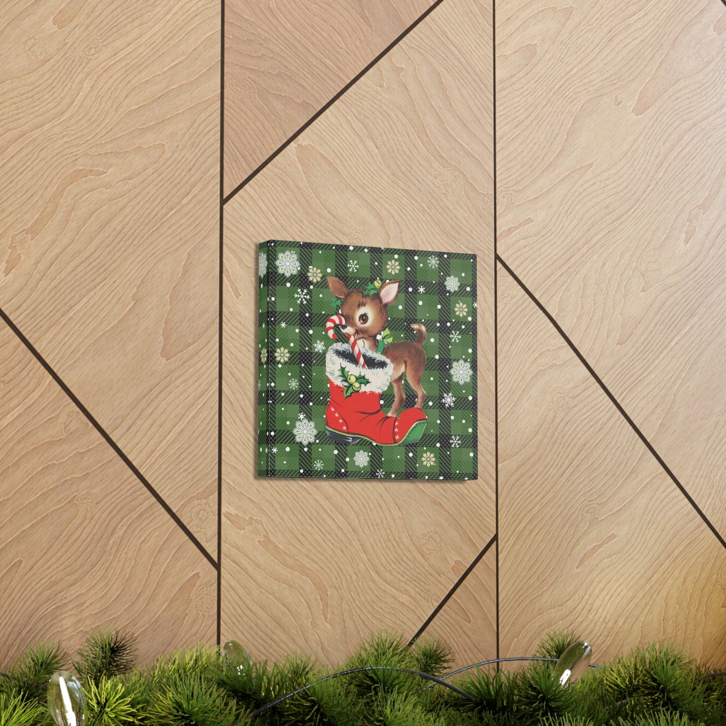 Retro 50s Christmas Vintage Reindeer MCM Green Canvas Gallery Wrap