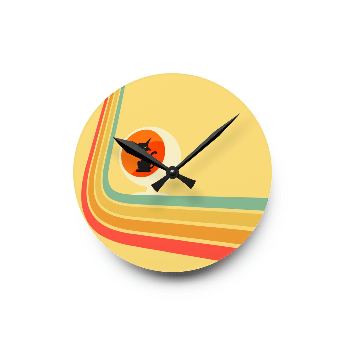 Retro Atomic Cat in Ball Chair, Yellow Mid Century Mod Acrylic Wall Clock | lovevisionkarma.com
