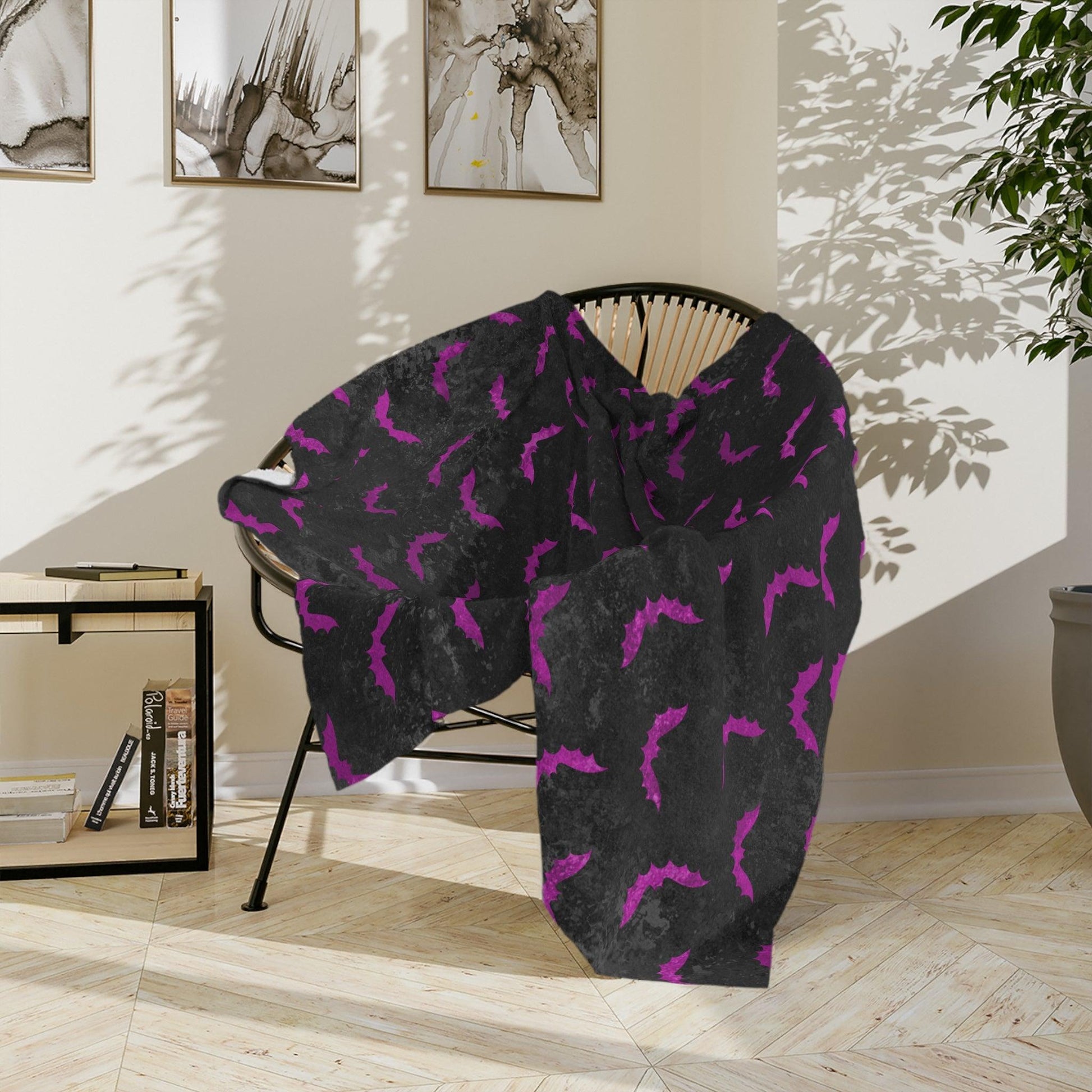 Purple Bats Creepy Halloween Distressed Black Velveteen Minky Blanket | lovevisionkarma.com