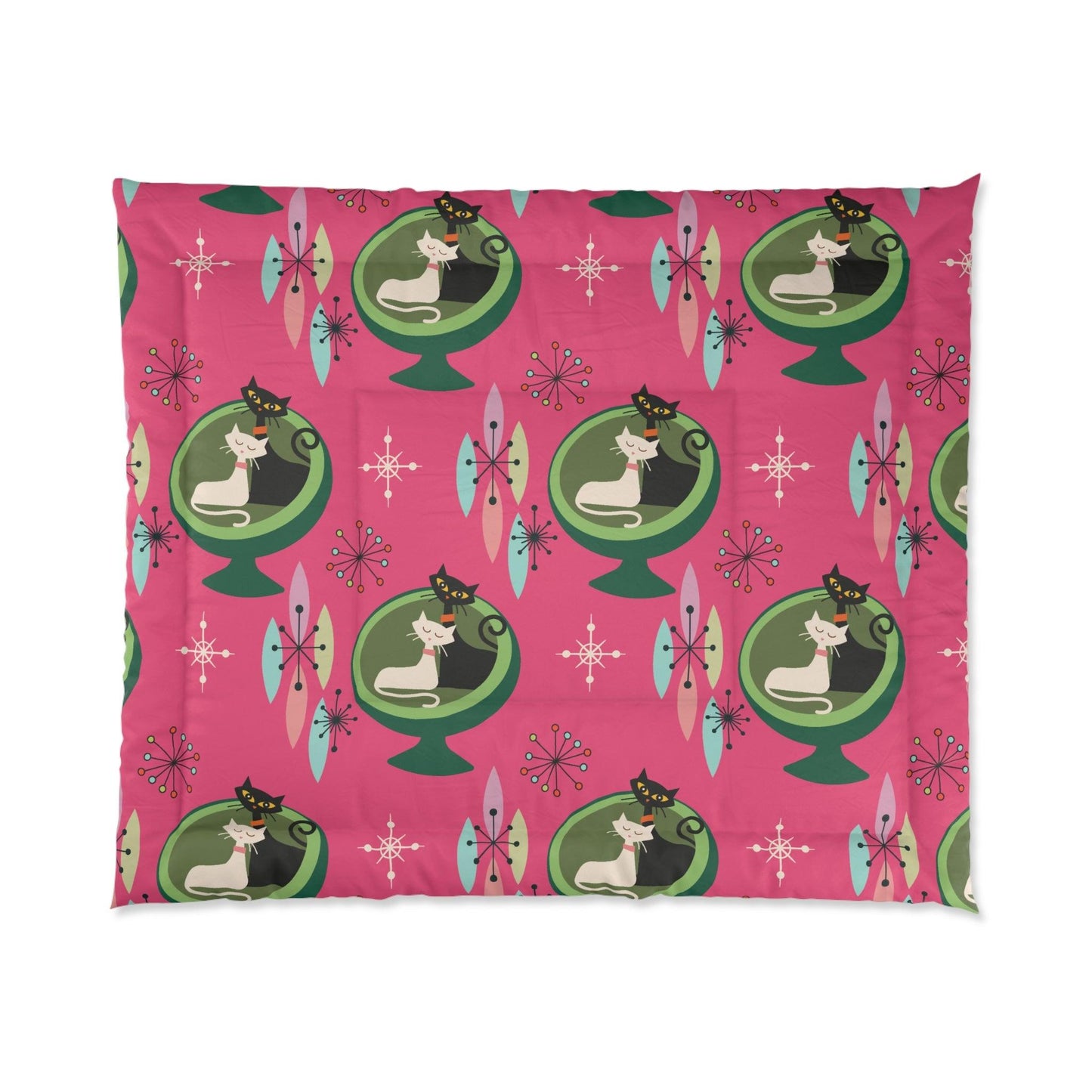 Retro 50s Atomic Cat Couple in Ball Chair Mid Century Mod Pink & Green Comforter | lovevisionkarma.com