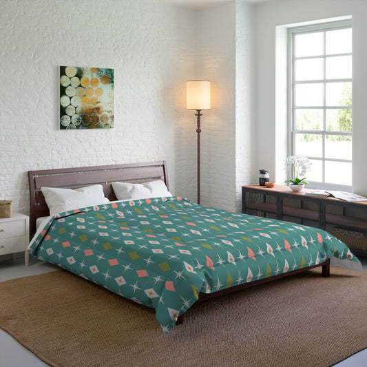 Retro 50s Atomic Burst & Diamond Mid Century Mod Teal, Pink & Green Comforter
