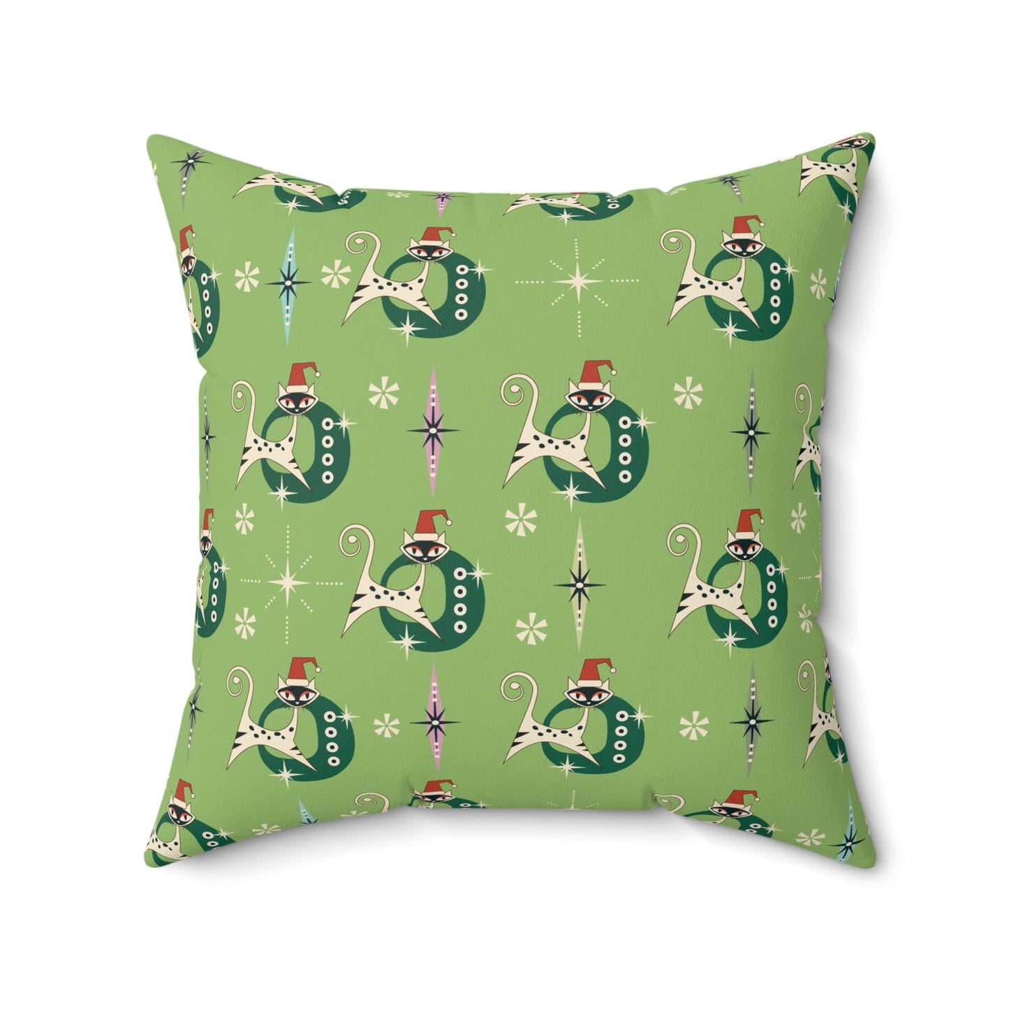 Retro 50s Kitsch Atomic Cats Mid Century Mod Light Green Christmas Throw Pillow | lovevisionkarma.com