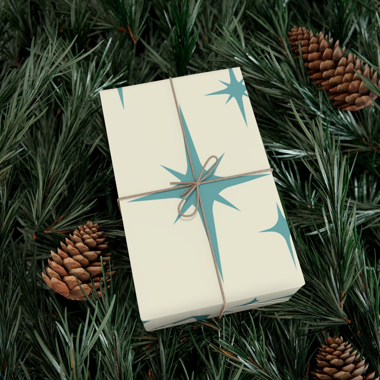Large Starburst Version of Retro Atomic Starburst MCM Off-White & Blue Gift Wrapping Paper