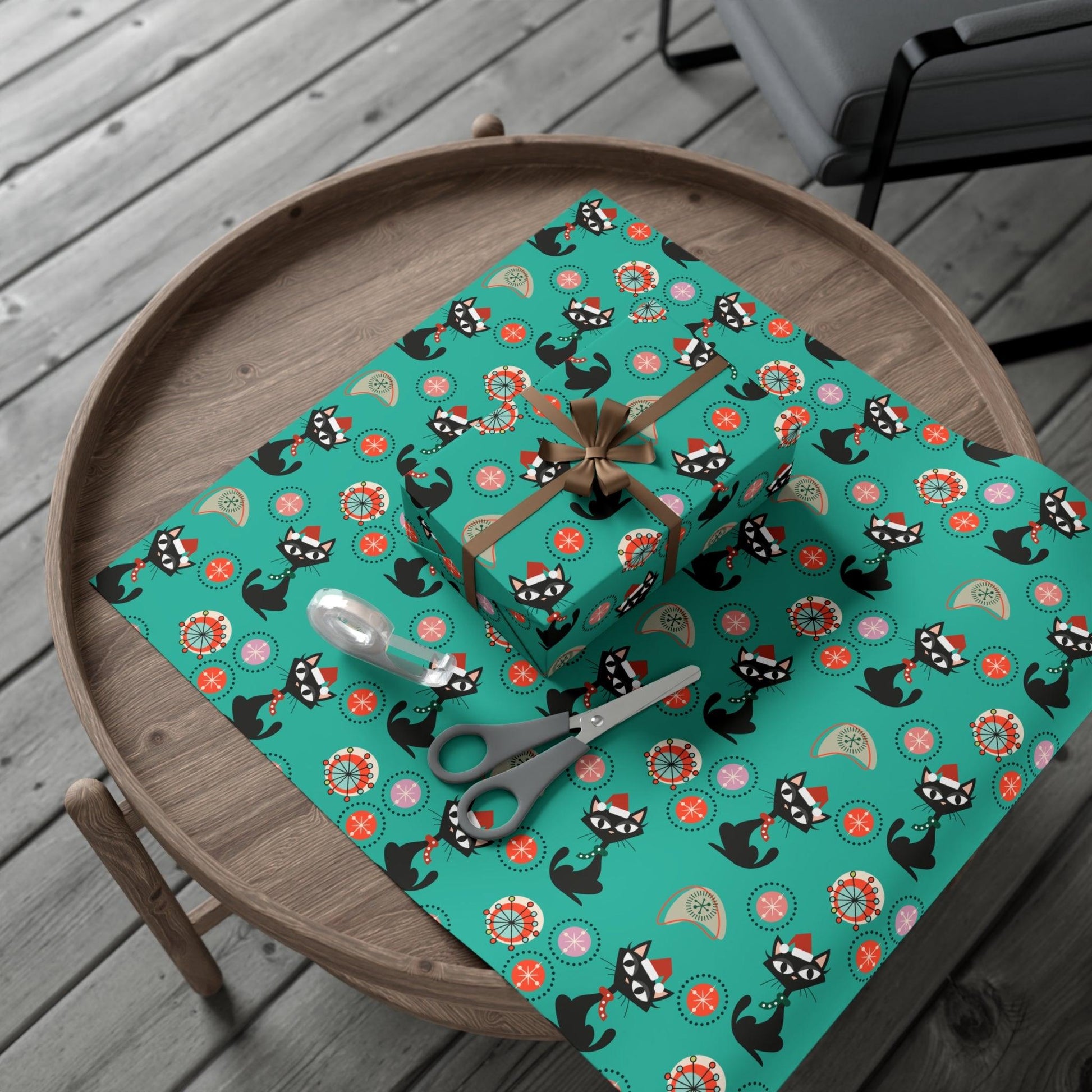 Retro 50's Atomic Cat Christmas Kitschy Mid Century Modern Teal Blue Eco-Friendly Wrapping Paper | lovevisionkarma.com