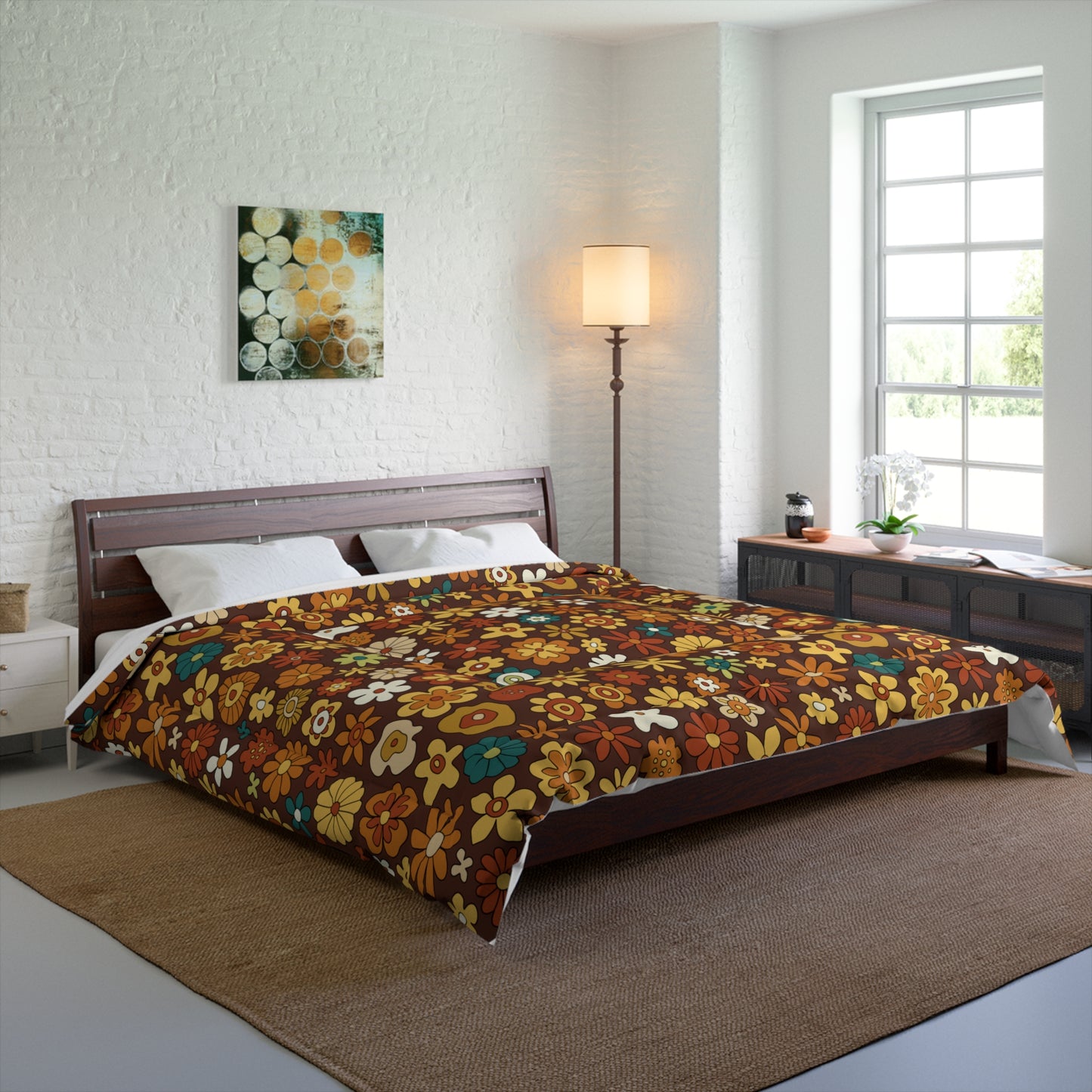 Retro 60s 70s Groovy Floral Mid Century Modern Brown Boho Comforter