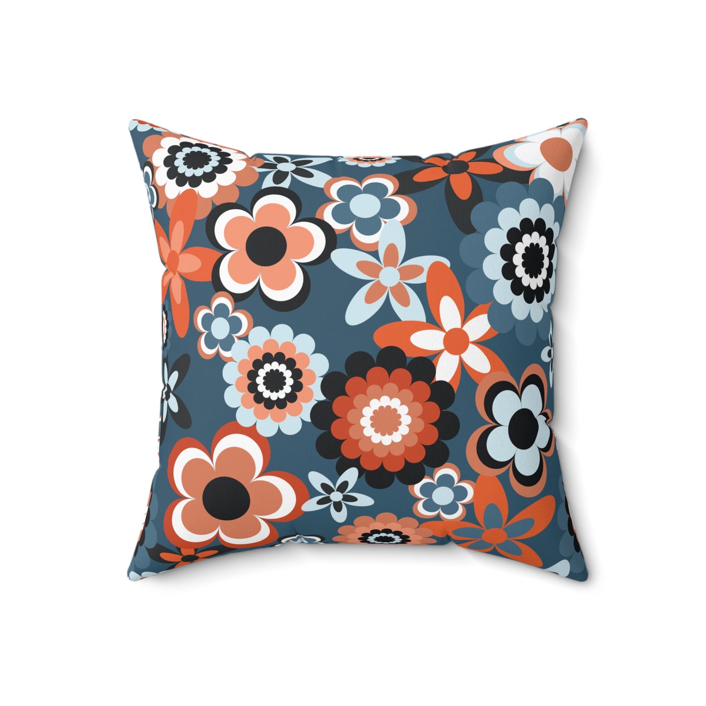 Retro 60s 70s Groovy Flowers Boho Mid Century Mod Coral & Blue Throw Pillow
