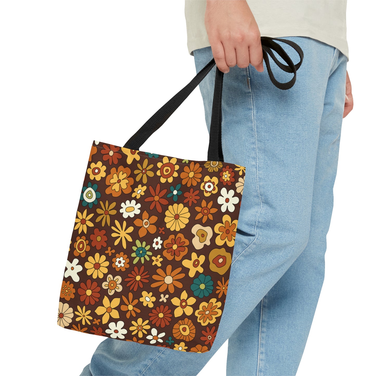 Retro 60s 70s Groovy Floral Mid Century Modern Brown Tote Bag