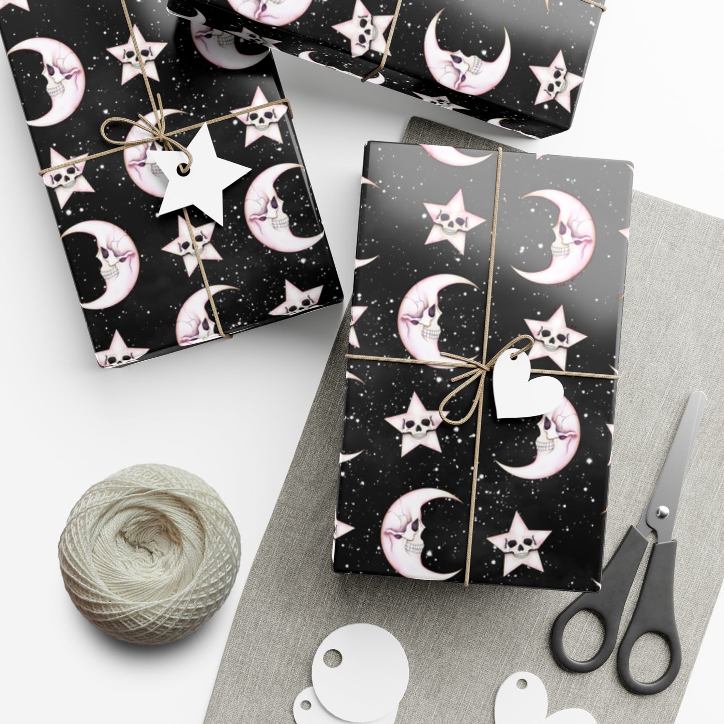 Goth Christmas Celestial Moon & Stars, Whimsical Kawaii Creepmas Black Eco-Friendly Gift Wrap