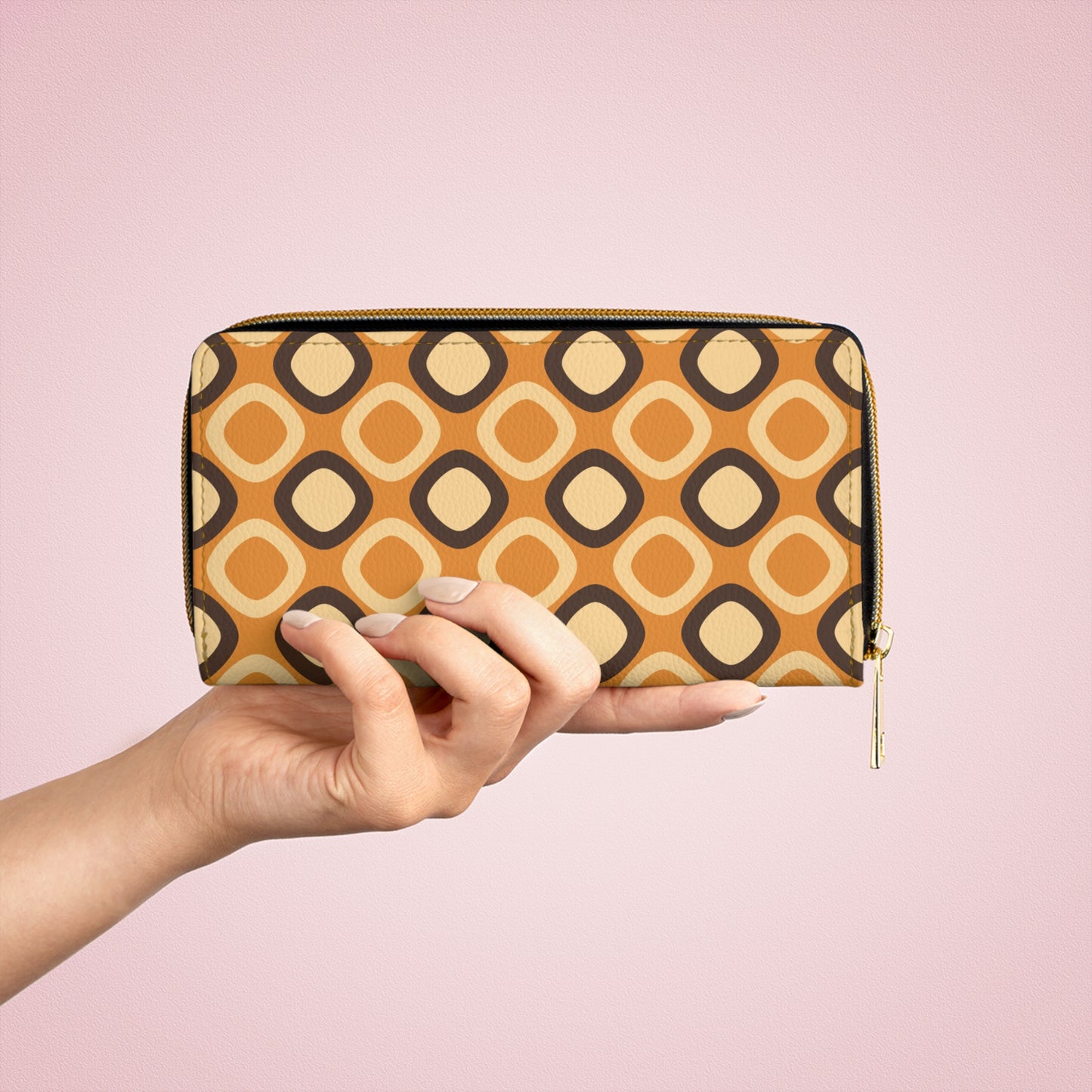 Retro 60s 70s Mod Squares MCM Orange, Brown Zipper Wallet