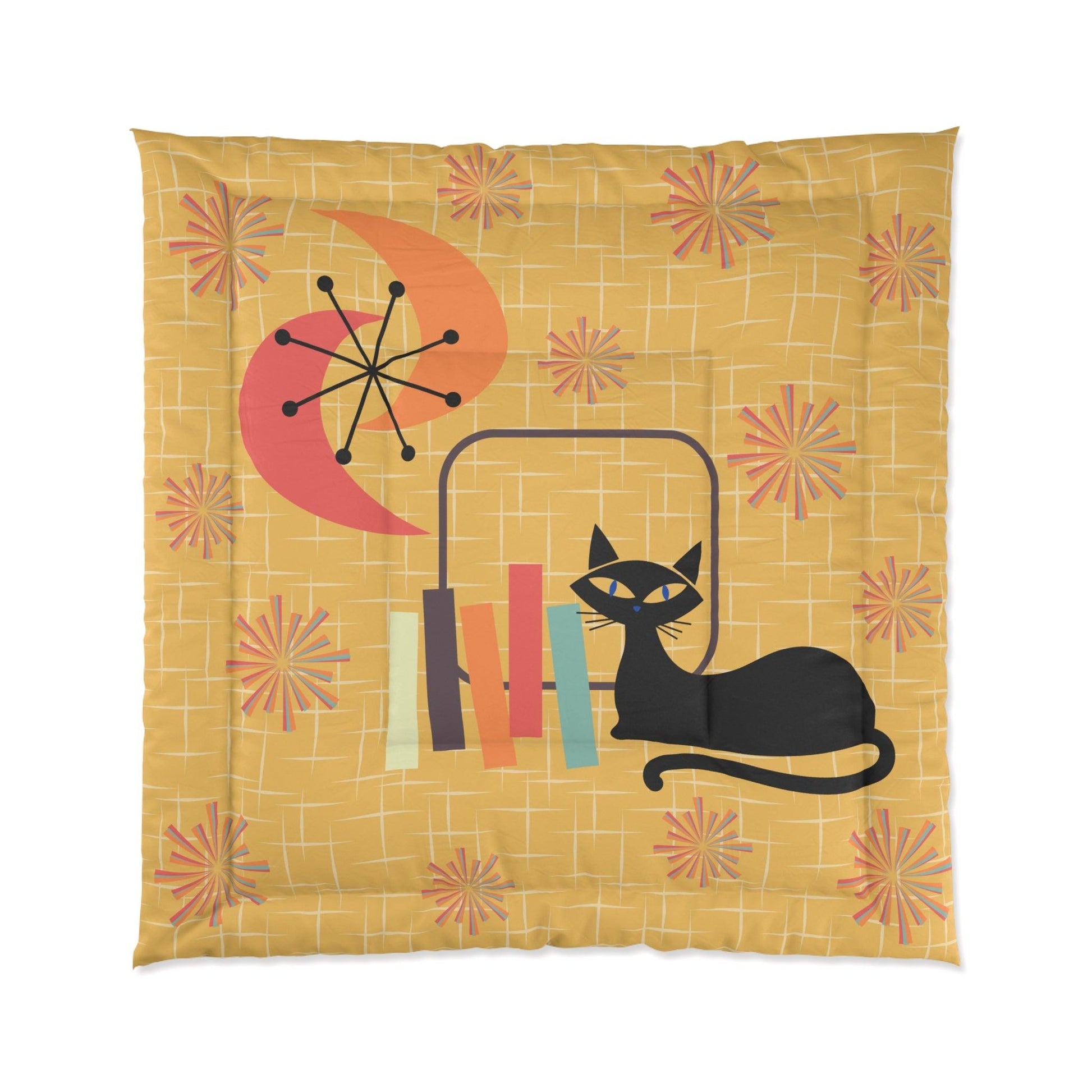 Atomic Cat Mid Century Mod Starburst Retro Yellow Comforter | lovevisionkarma.com
