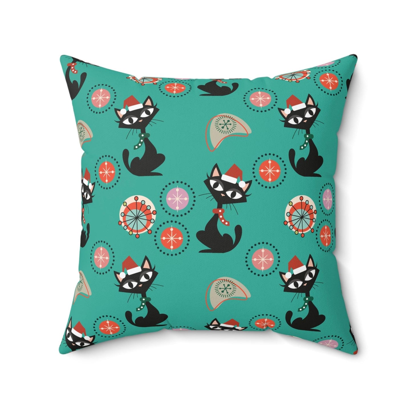 Retro Atomic Cats 1950's Christmas Mid Century Mod Teal Blue Throw Pillow | lovevisionkarma.com