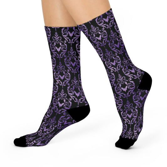 Dark Academia Damask Bat, Victorian Goth Inspired Purple & Black Glam Goth Cushioned Crew Socks