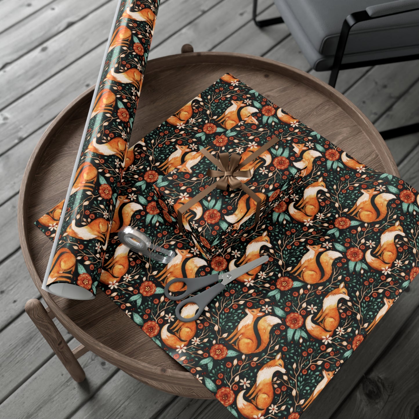 Enchanted Woodland Fox, Dark Cottagecore Watercolor Style Black Eco-Friendly Gift Wrap