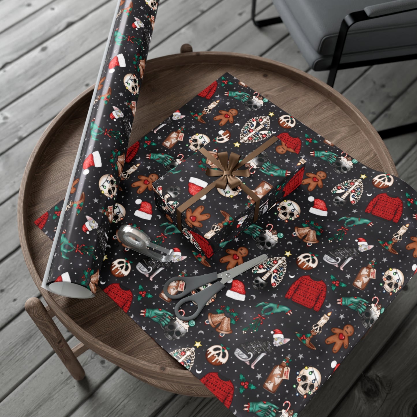 Kitschy Kawaii Goth Christmas, Creepy Cute Whimsigoth Creepmas Black Eco-Friendly Gift Wrap Paper