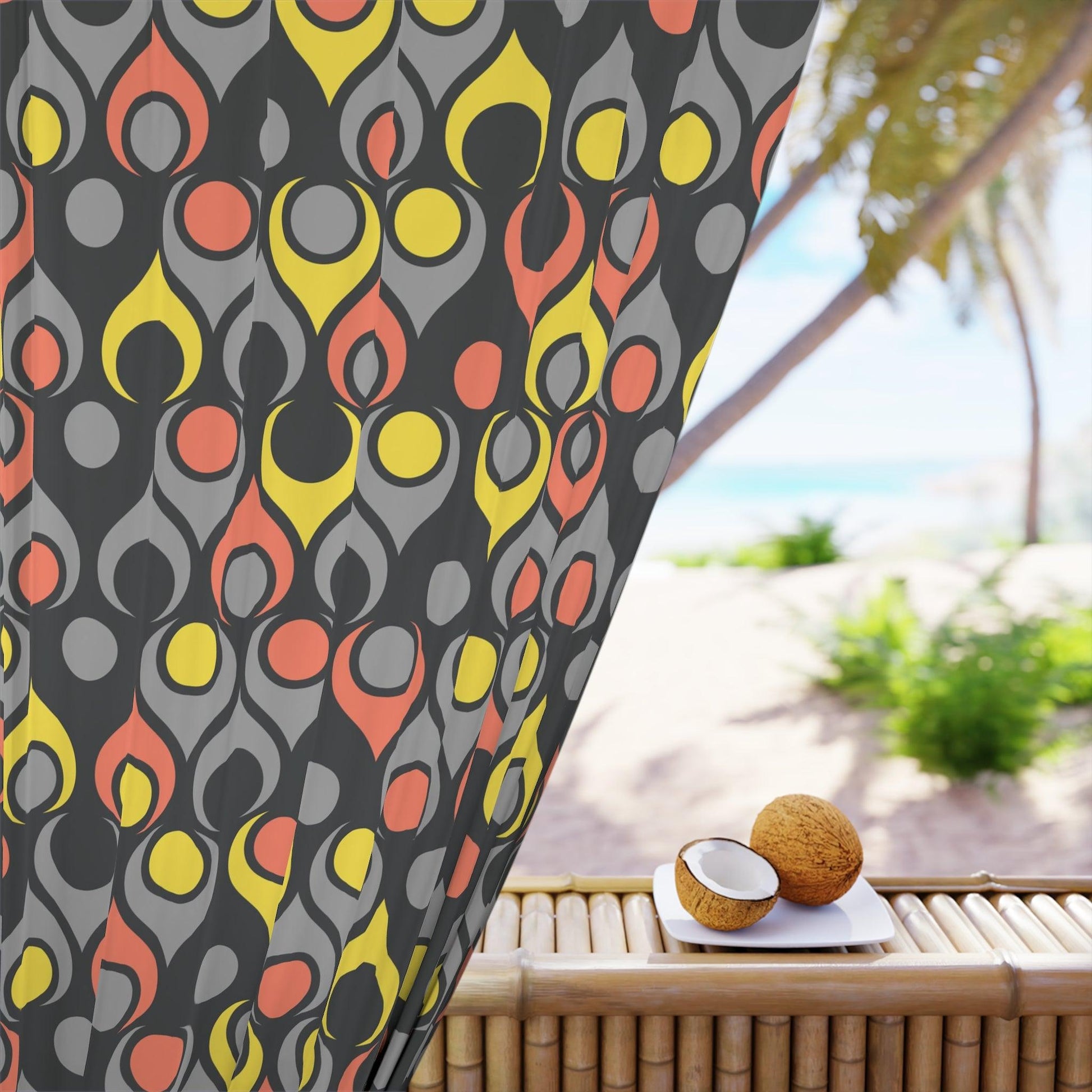 Retro Mid Century Funky Geometric Black, Gray, Yellow & Coral Blackout Window Curtain | lovevisionkarma.com