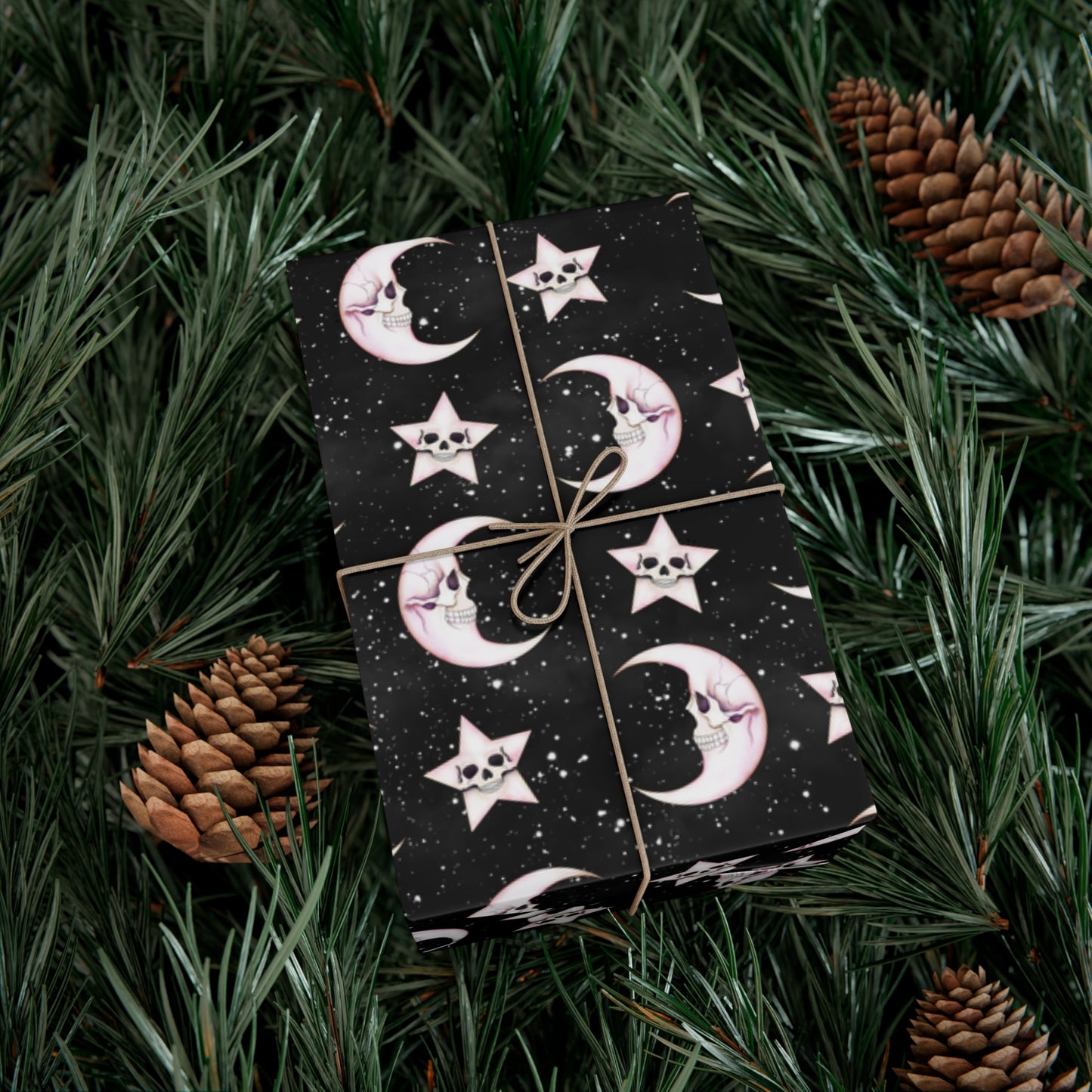Goth Christmas Celestial Moon & Stars, Whimsical Kawaii Creepmas Black Eco-Friendly Gift Wrap