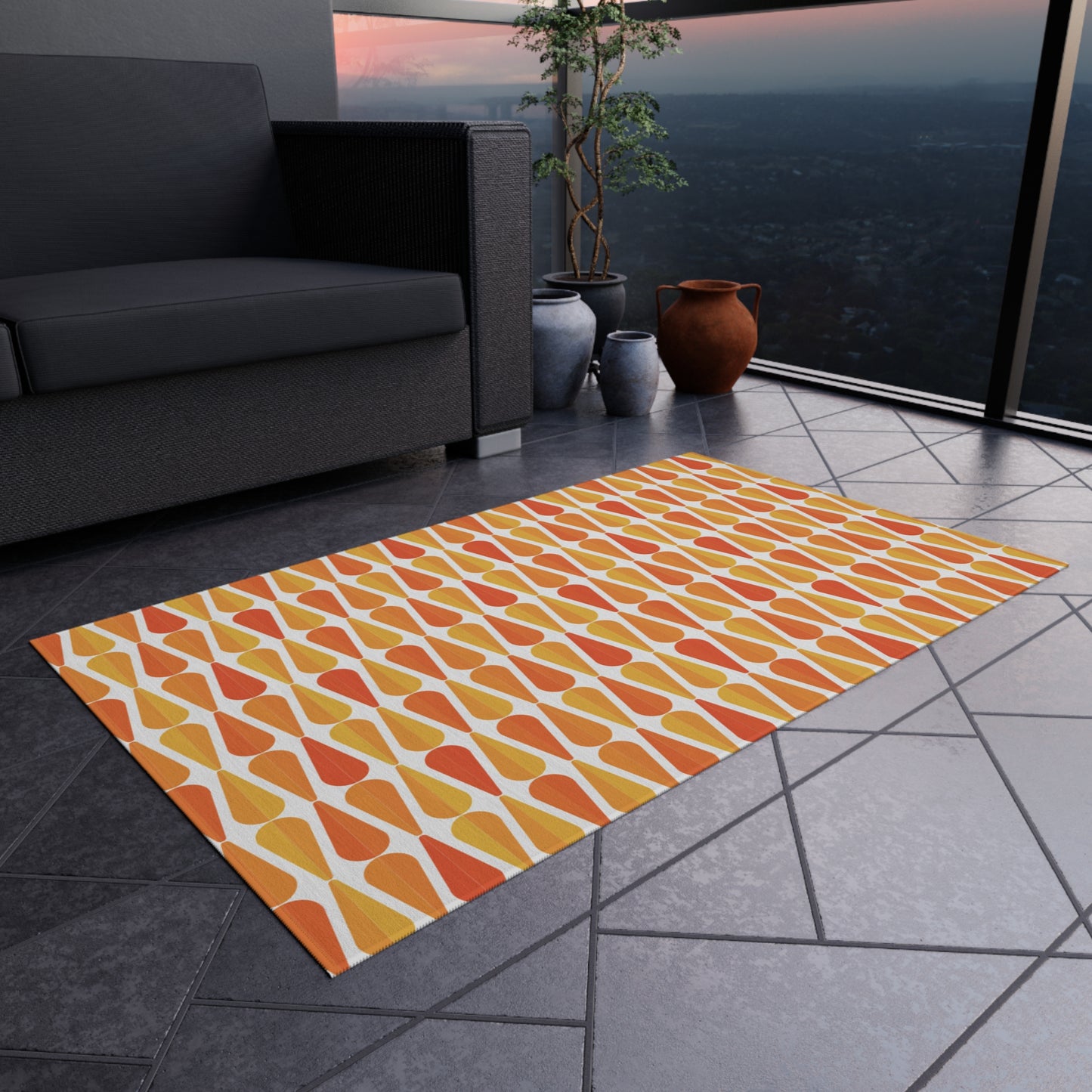 Retro 60s 70s Mid Century Modern Geometric Orange and Yellow Anti-Slip Indoor/Outdoor Accent Rug