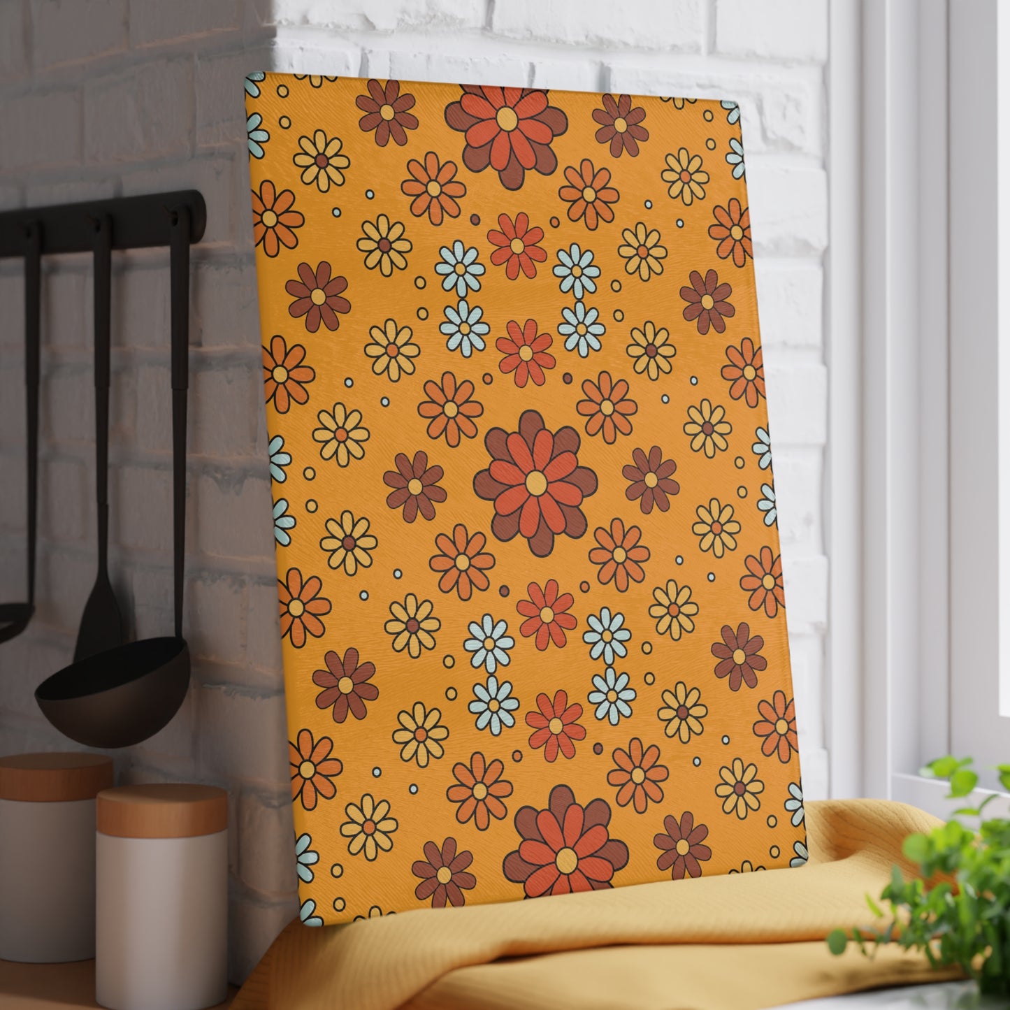 Retro 60s 70s Groovy Mod Daisy Floral Mid Century Orange & Brown Glass Cutting Board