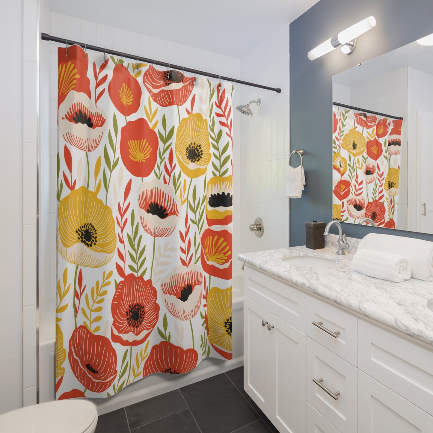 Retro 60's Mid Century Mod Poppies Floral Cottagecore Yellow, Orange & Green Shower Curtain