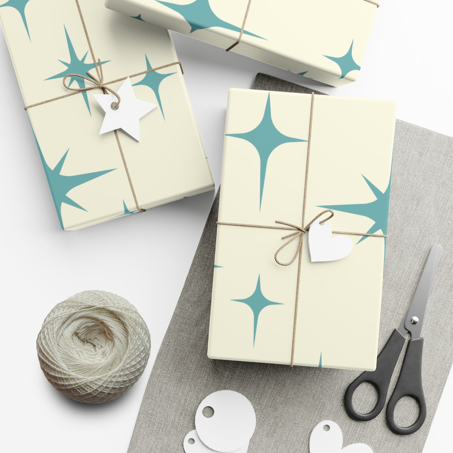 Large Starburst Version of Retro Atomic Starburst MCM Off-White & Blue Gift Wrapping Paper