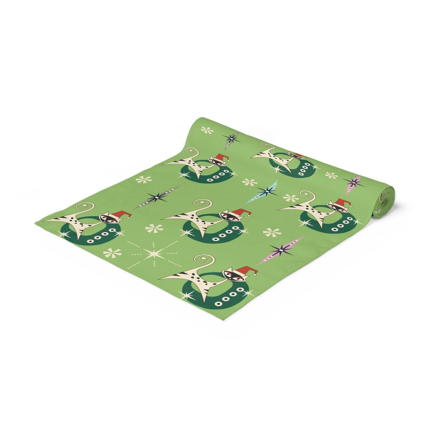 Retro 1950s Christmas Atomic Kitties in Santa Hats Vintage Green Table Runner | lovevisionkarma.com