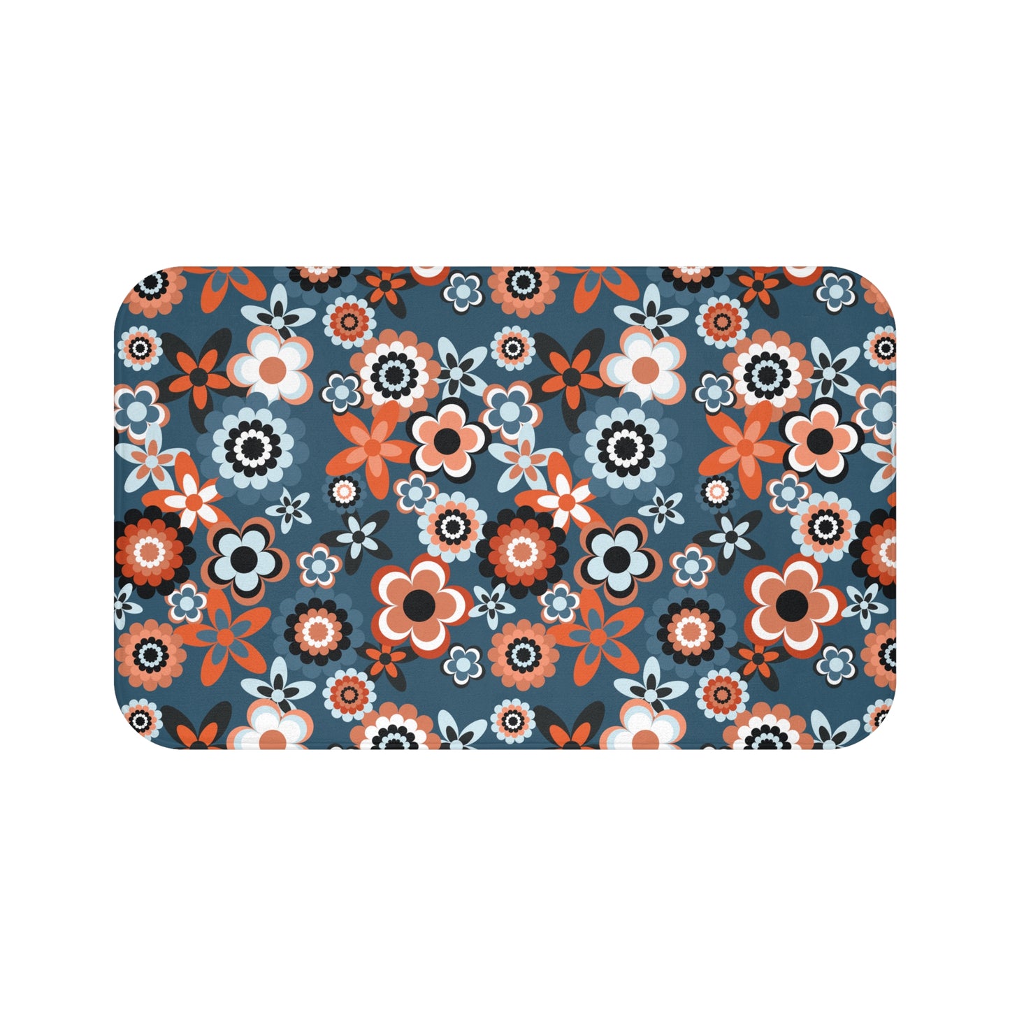 Retro 60s 70s Groovy Flowers Boho Mid Century Mod Coral & Blue Bath Mat