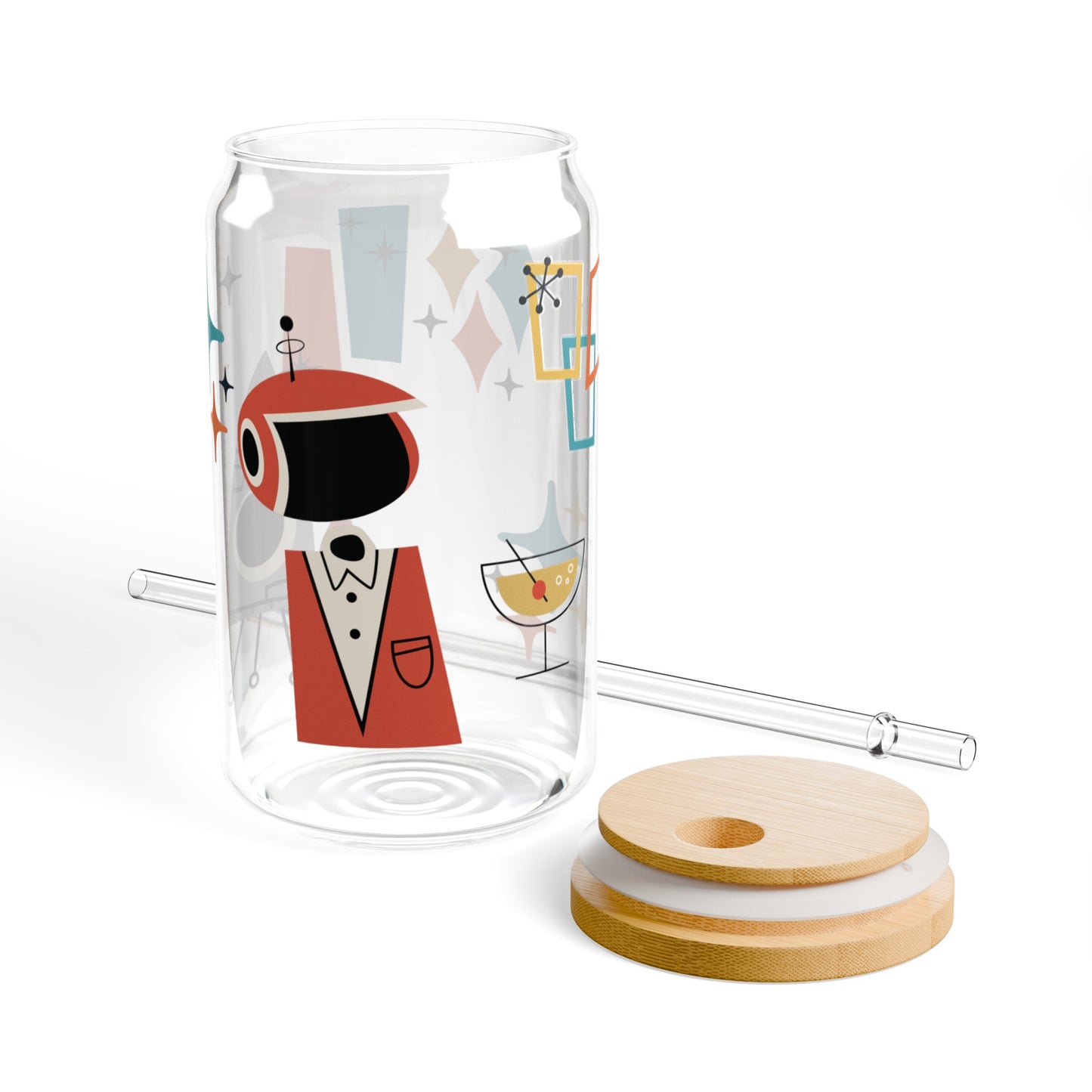 Retro 50's Atomic Age Space Man Mid Century Modern Multicolor Glass Can Sipper