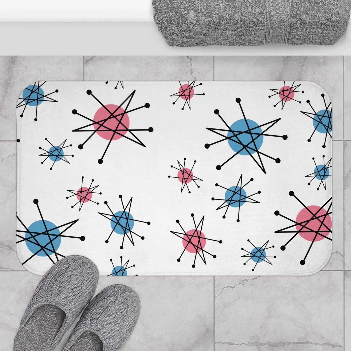 Retro 50s Starburst Franciscan Inspired Mid Century Mod Pink & Blue Bath Mat | lovevisionkarma.com