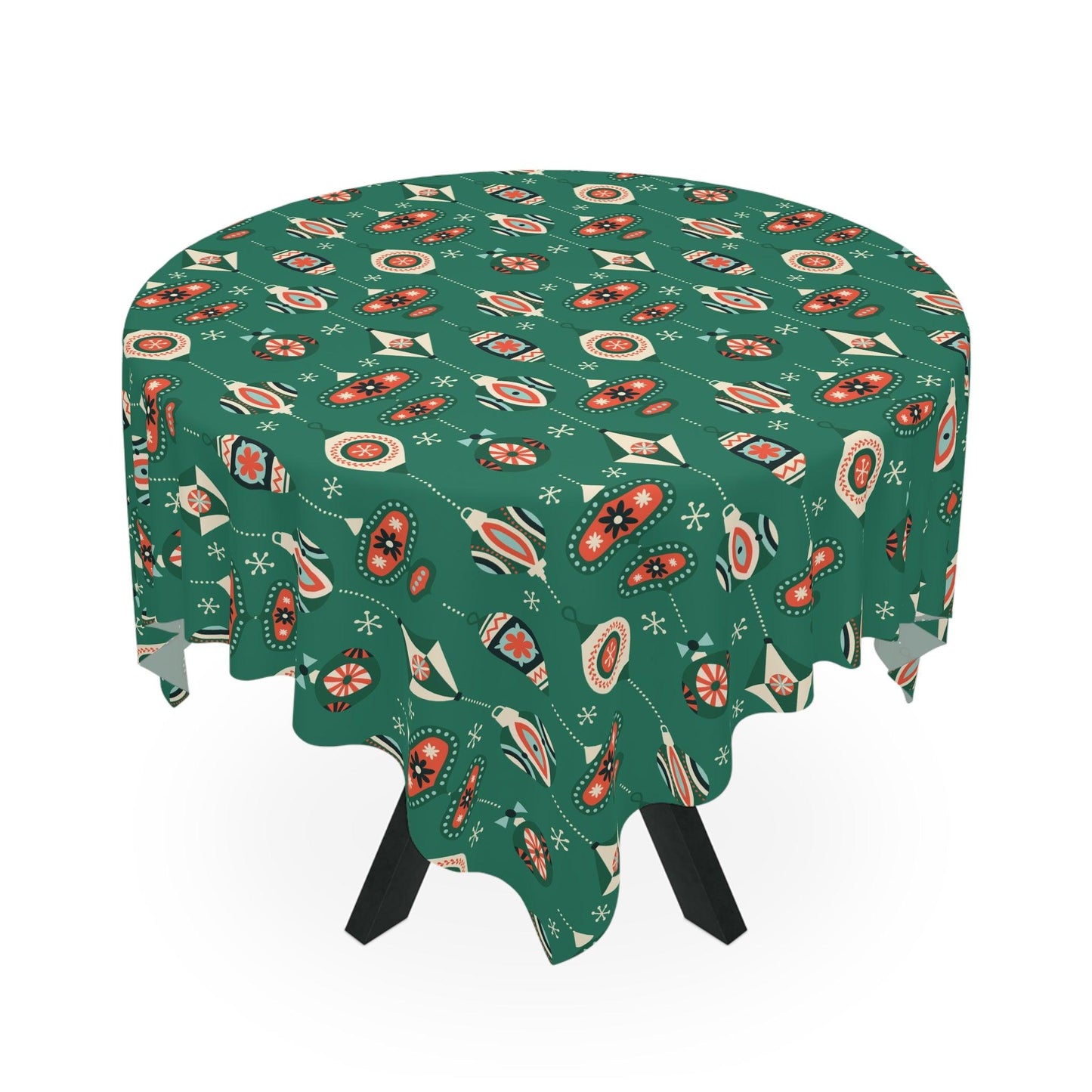 Retro 1950s Christmas Mid Century Mod Baubles & Ornaments Green Holiday Tablecloth | lovevisionkarma.com
