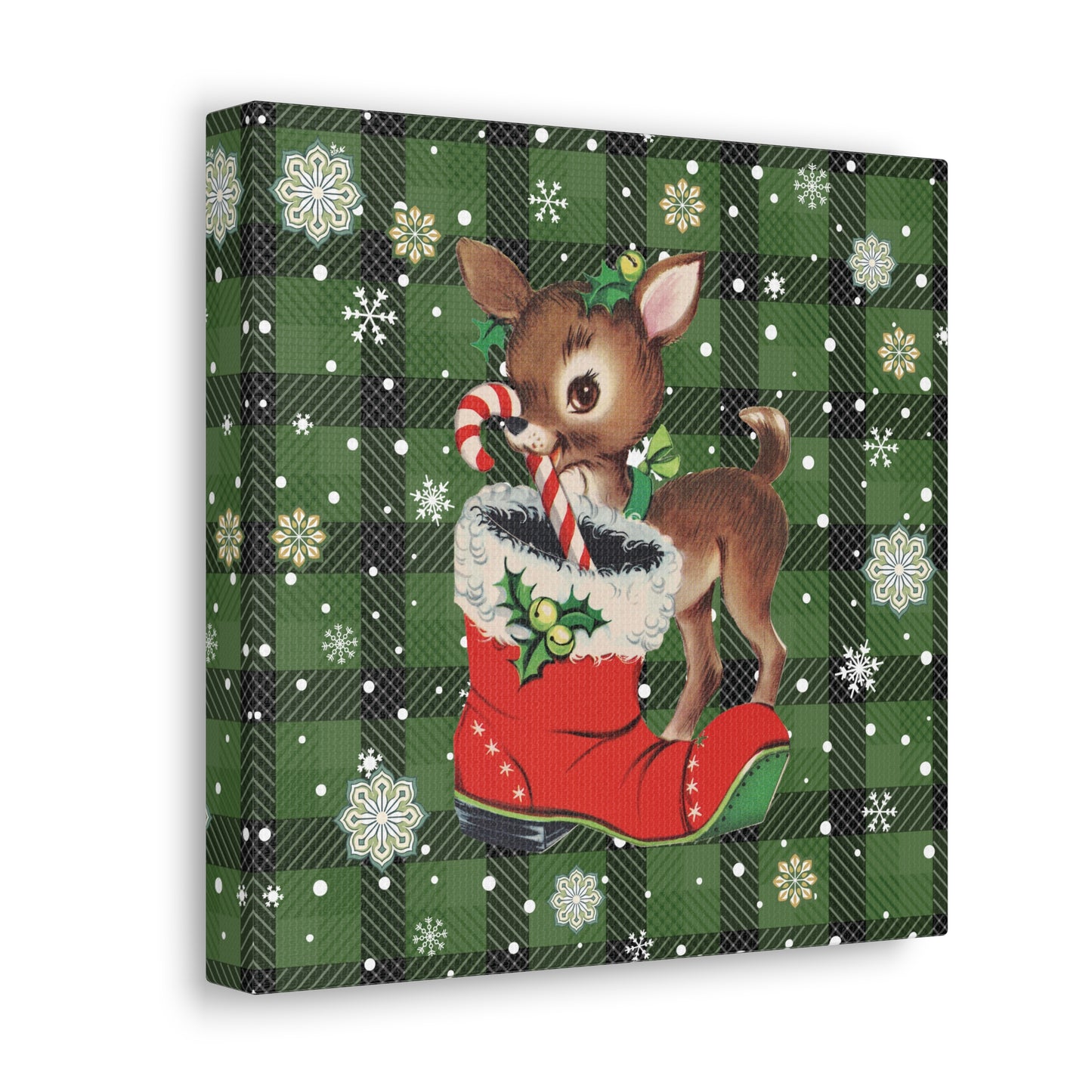 Retro 50s Christmas Vintage Reindeer MCM Green Canvas Gallery Wrap