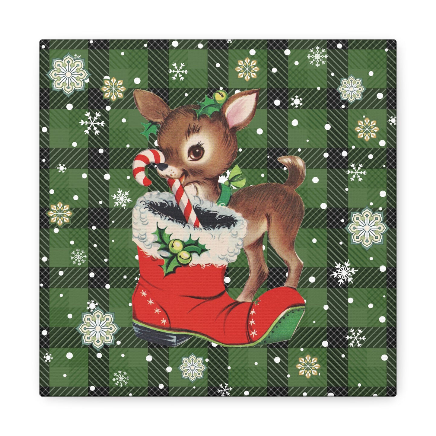Retro 50s Christmas Vintage Reindeer MCM Green Canvas Gallery Wrap