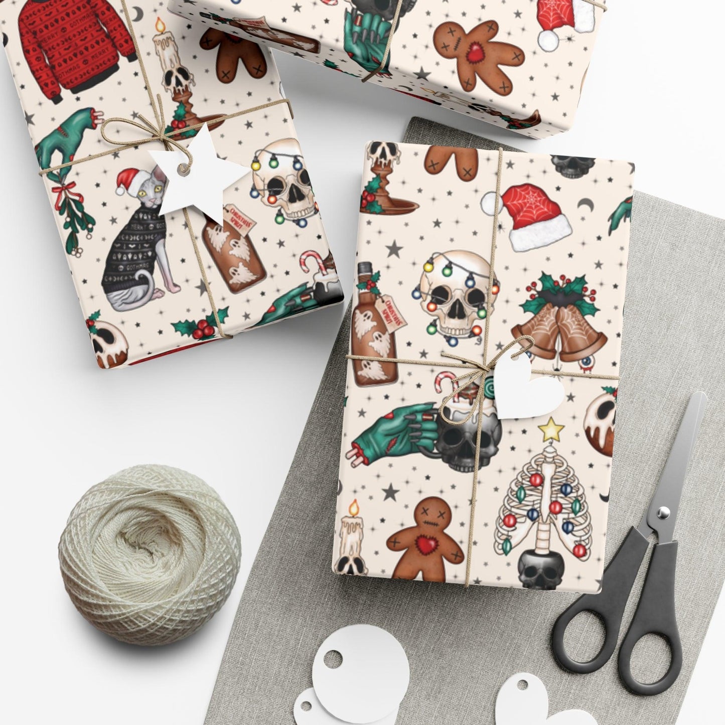 Goth Christmas Kitsch Skulls, Cats & Zombie Hands Multicolor Eco-Friendly Gift Wrap Paper | lovevisionkarma.com