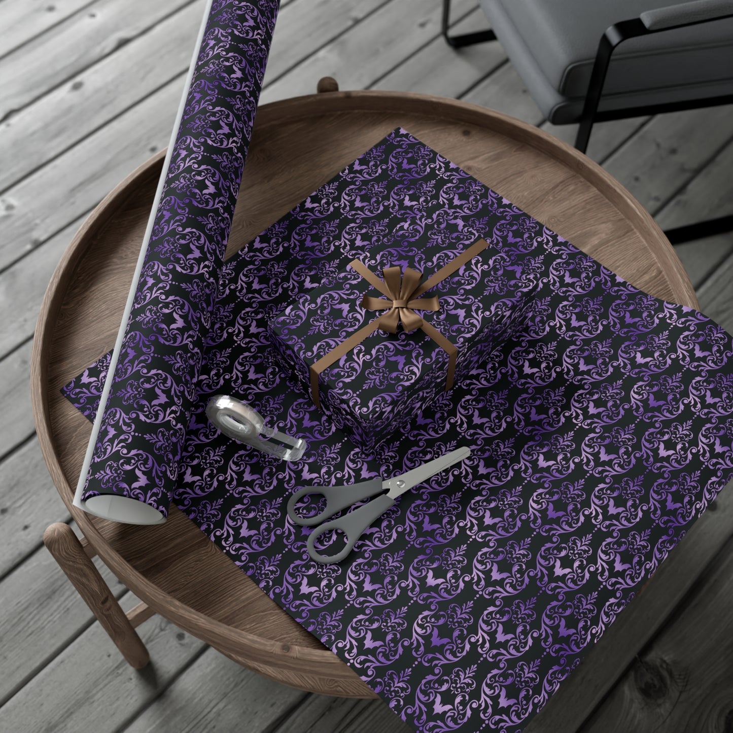 Purple Damask Bats, Victorian Goth Inspired, Dark Academia Goth Christmas & Creepmas Glam Goth Black Gift Wrap Paper