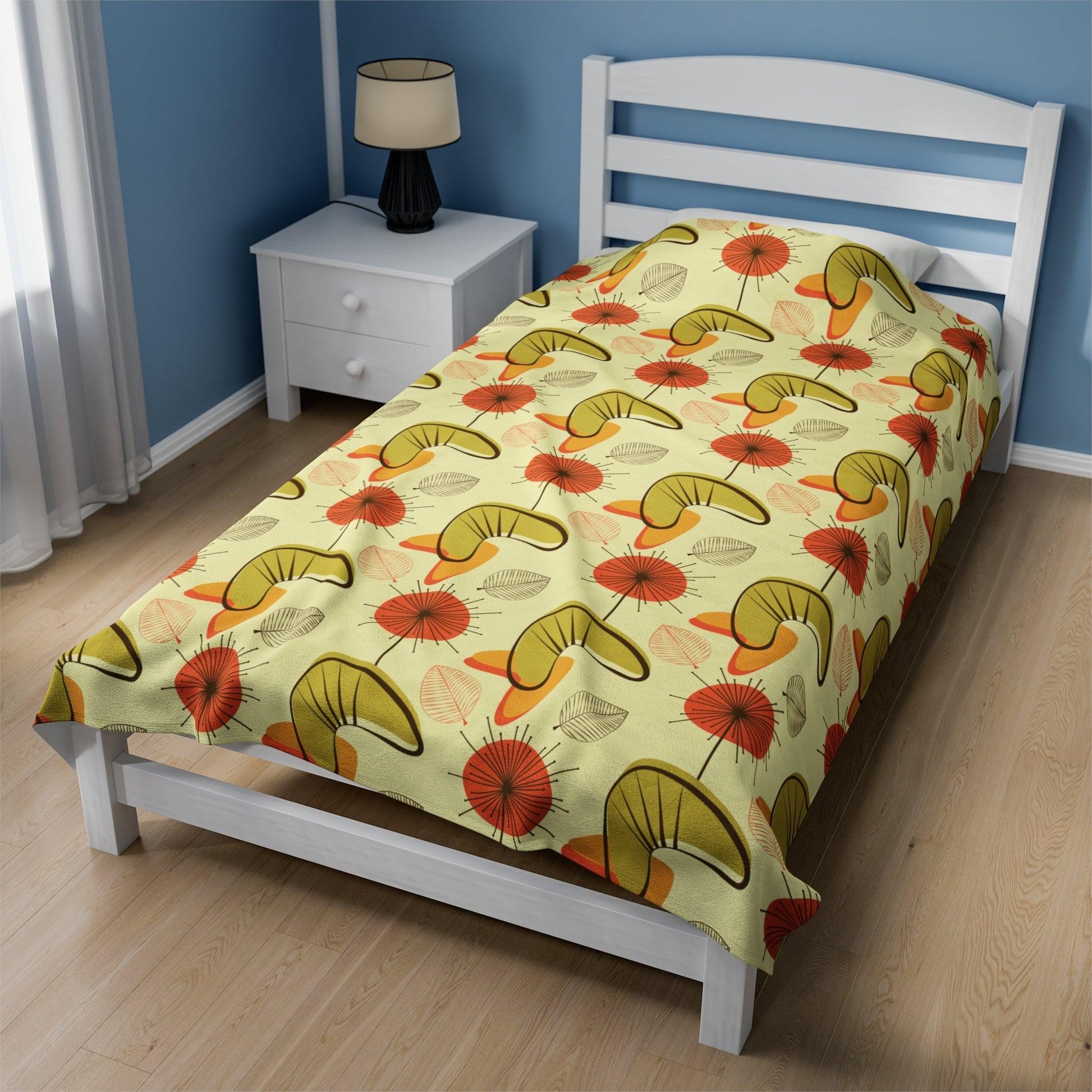 Retro Atomic Boomerangs & Leaves MCM Orange, Green & Yellow Lightweight Velveteen Blanket | lovevisionkarma.com