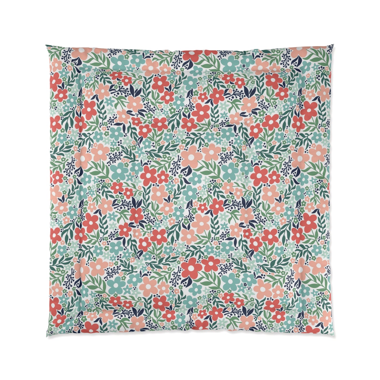 Retro Minimalist Scandi Flowers Cottagecore MCM Vintage Inspired Coral & Teal Comforter