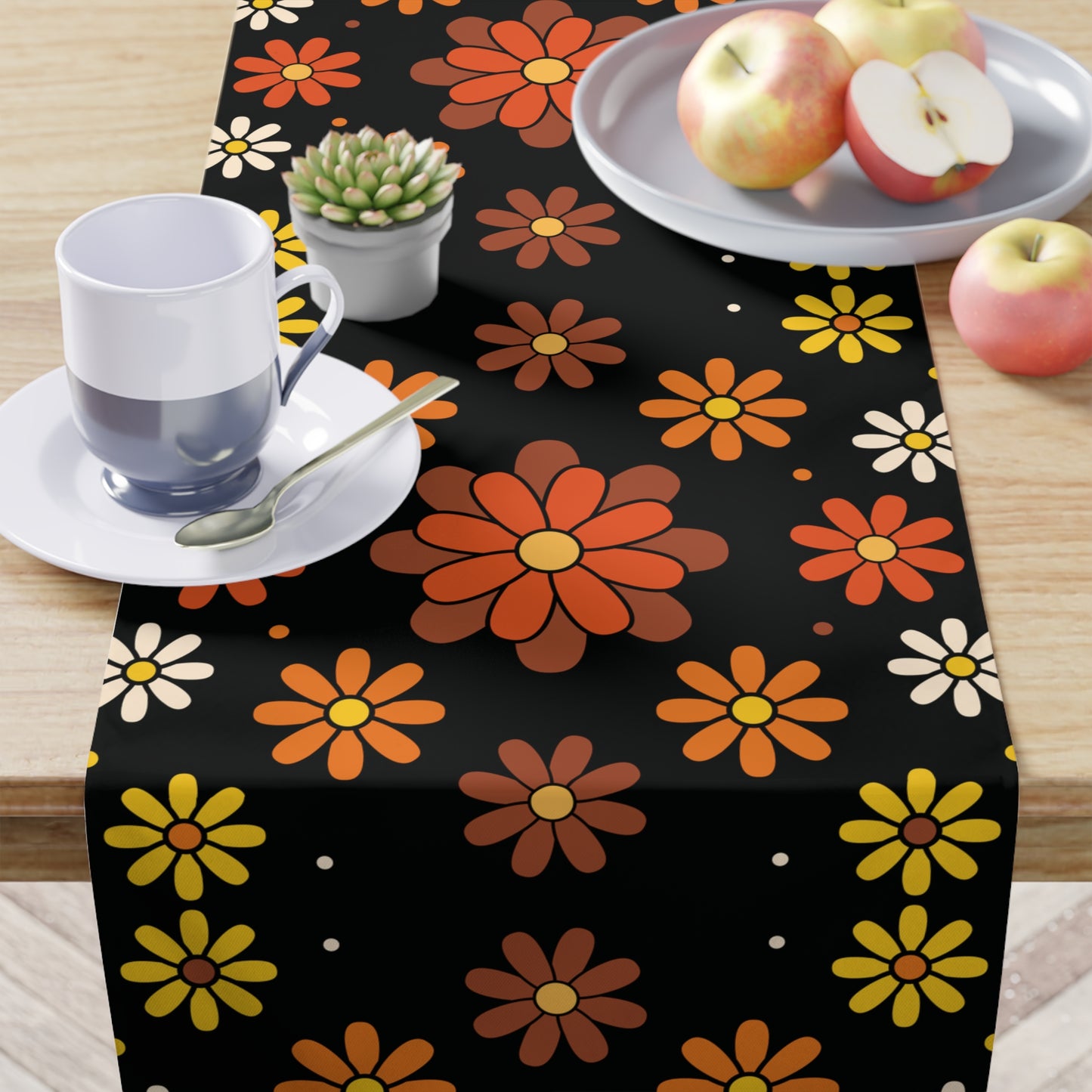 Retro 60s 70s Groovy Mod Daisy Floral Mid Century Black, Brown & Orange Table Runner