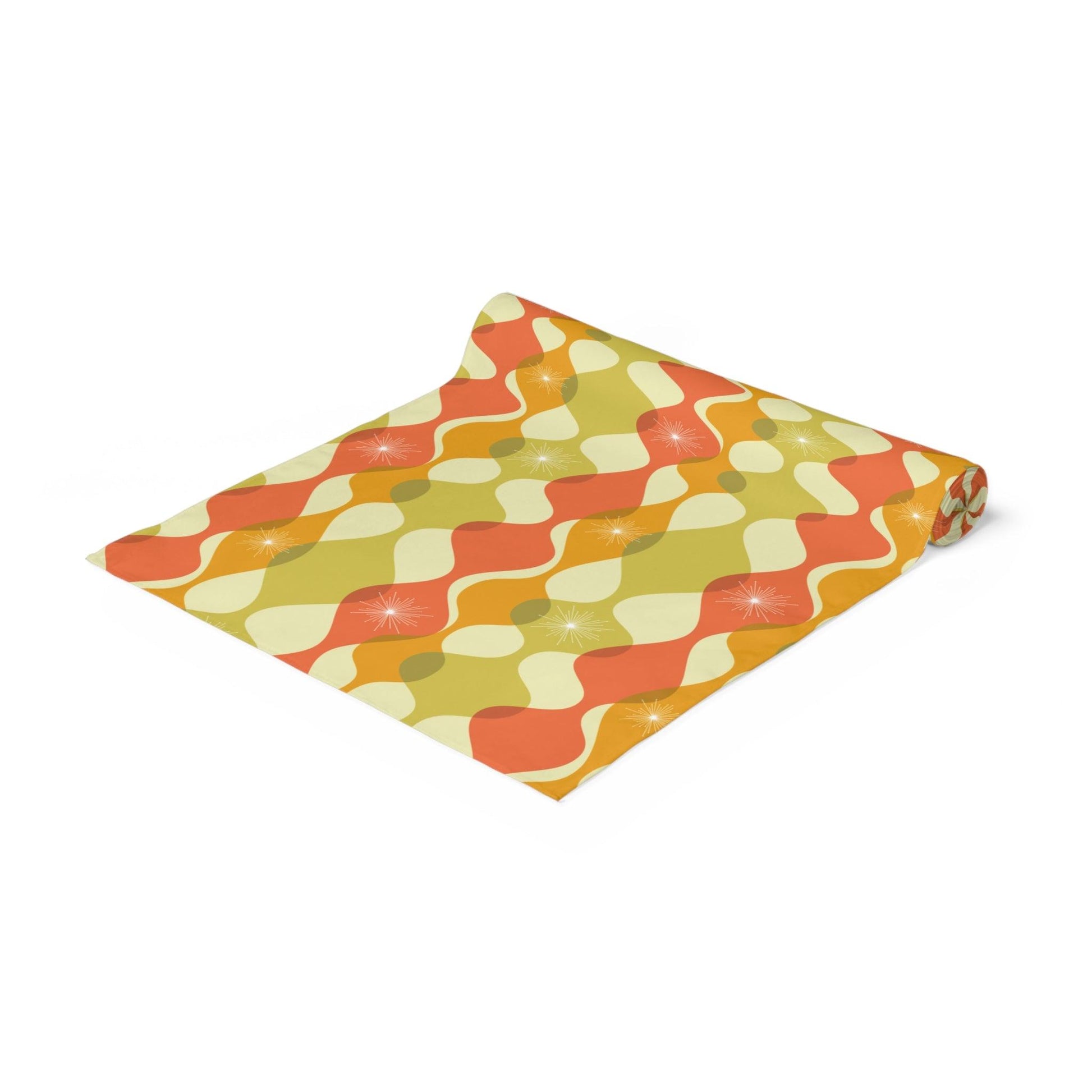 Mid Century Modern Wavy Abstract Orange, Green & Yellow Table Runner | lovevisionkarma.com