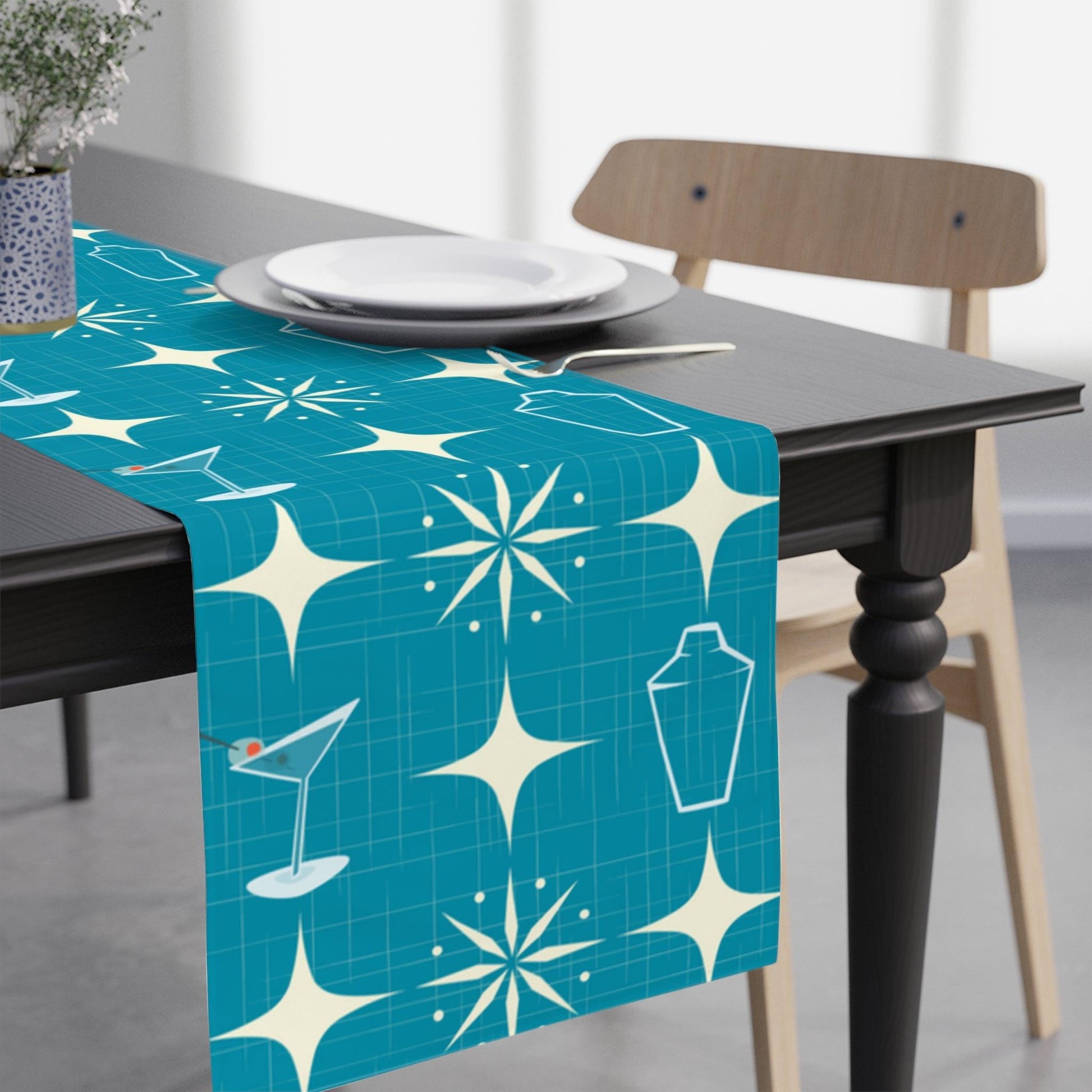 Atomic Mid Century Mod Table Runner - Starburst & Martini Blue Retro Table Linens | lovevisionkarma.com