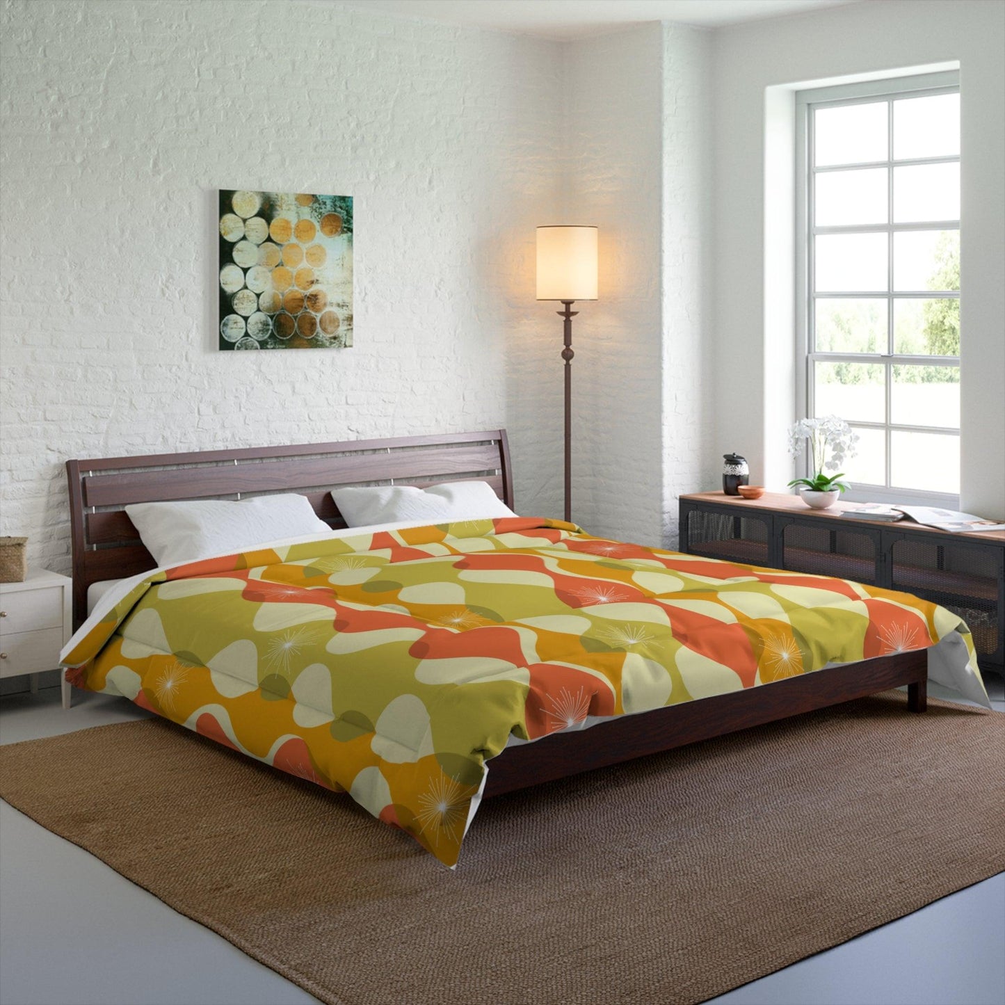 Retro 60s 70s Mid Century Mod Groovy Abstract Green, Orange & Mustard Comforter | lovevisionkarma.com