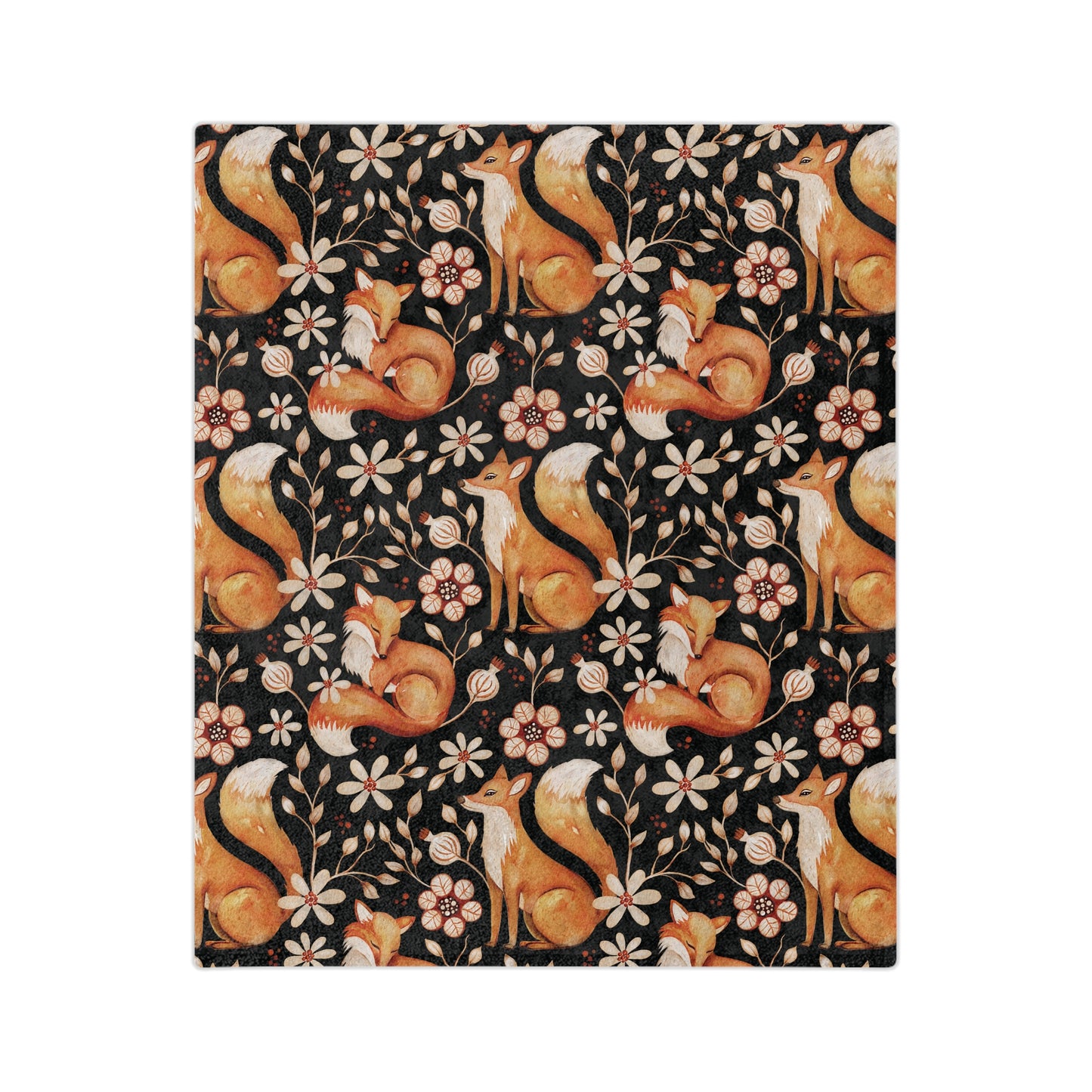 Enchanted Woodland Fox, Floral Dark Cottagecore Watercolor Style, Black Velveteen Microfiber Blanket