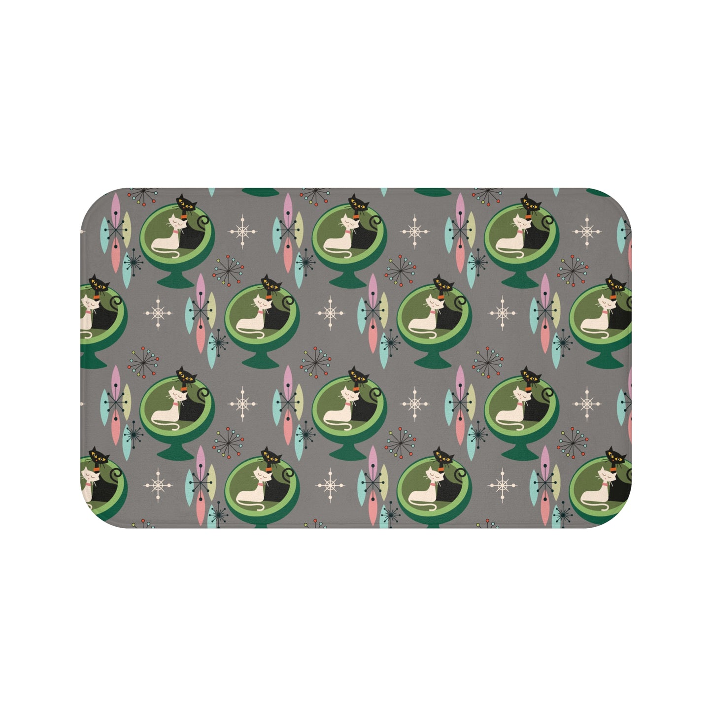 Retro 50s Atomic Cats in Ball Chair, Mid Century Modern Gray Bath Mat
