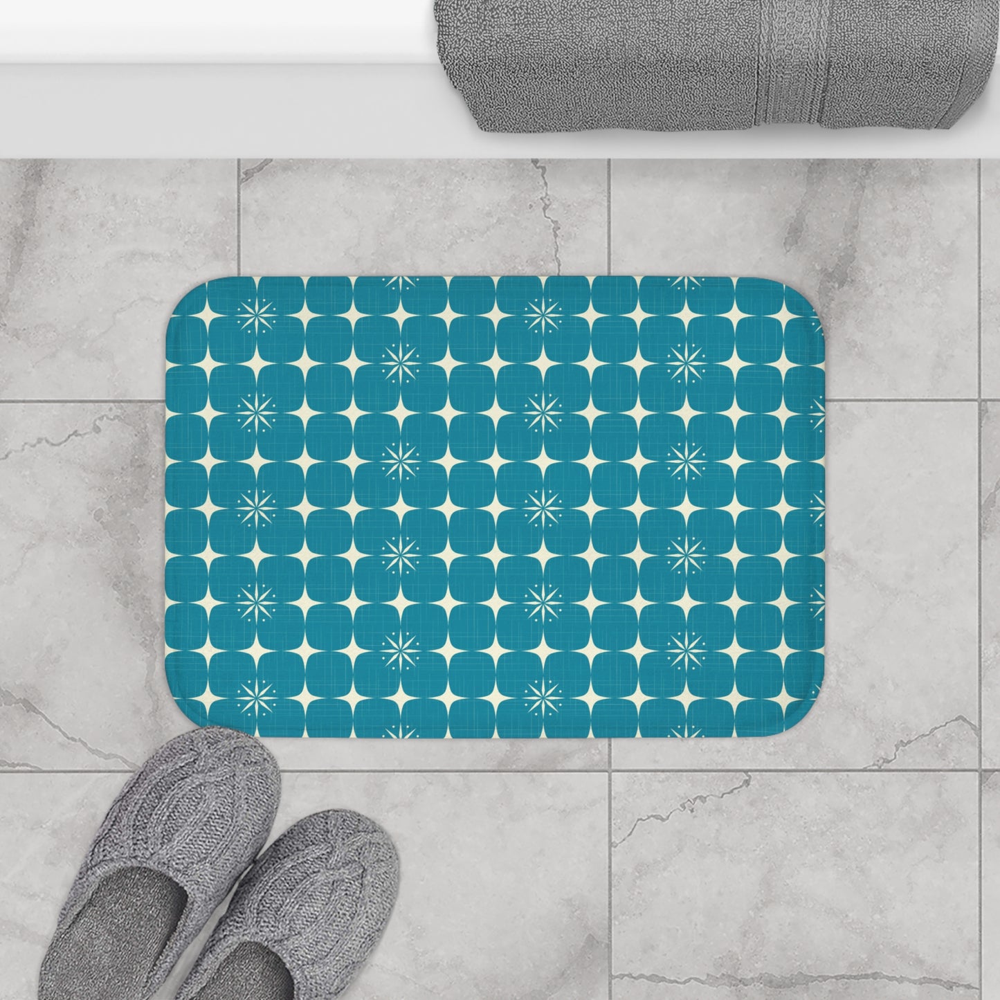 Retro 50's Atomic Starburst Mid Century Blue Bath Mat