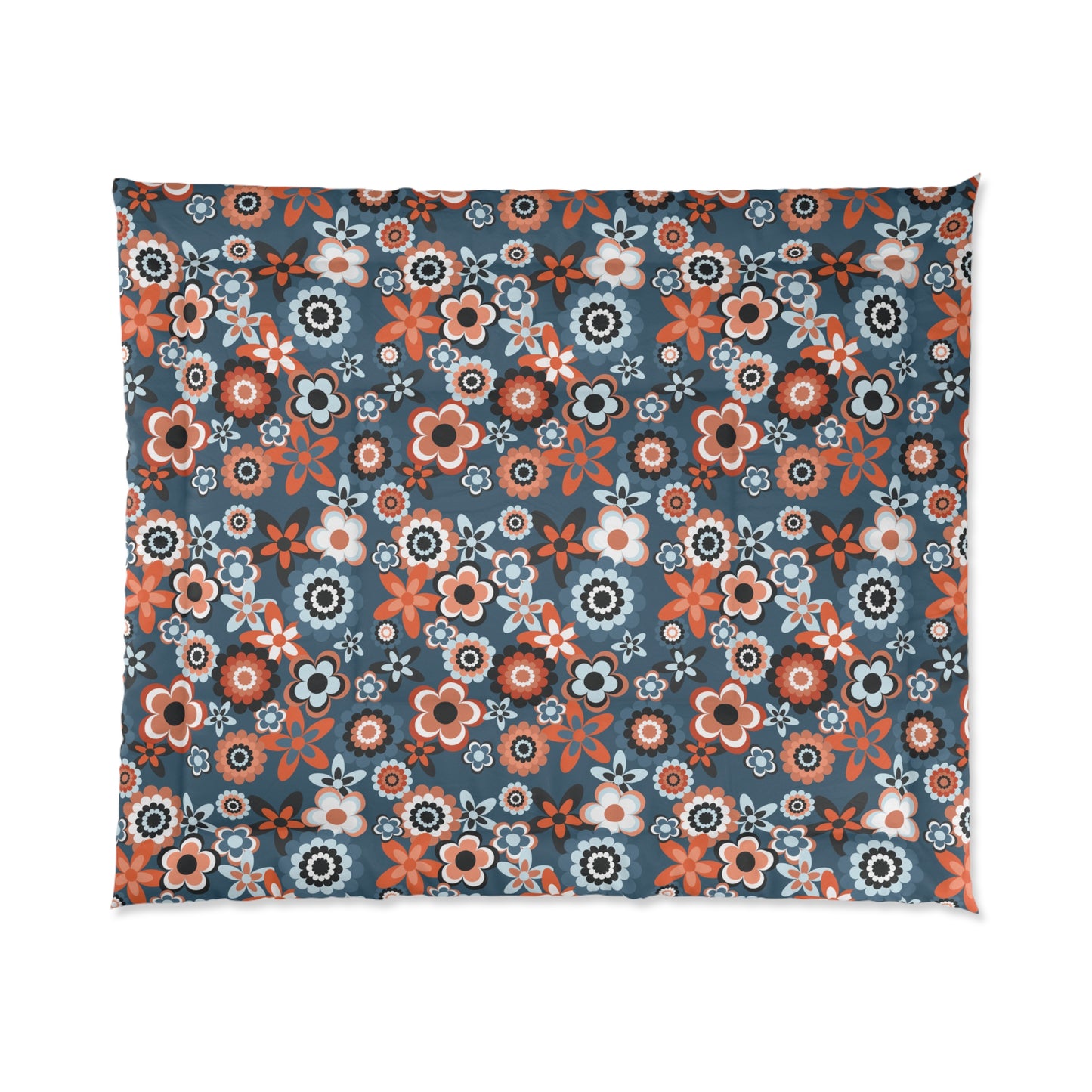 Retro 60s 70s Groovy Flowers Mid Century Mod Coral & Blue Comforter