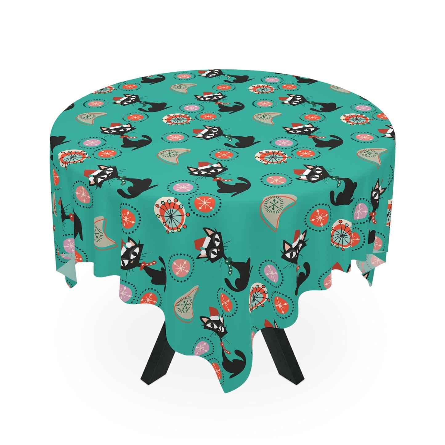 Retro Atomic Cat 1950s Christmas Mid Century Mod Teal Blue Tablecloth | lovevisionkarma.com