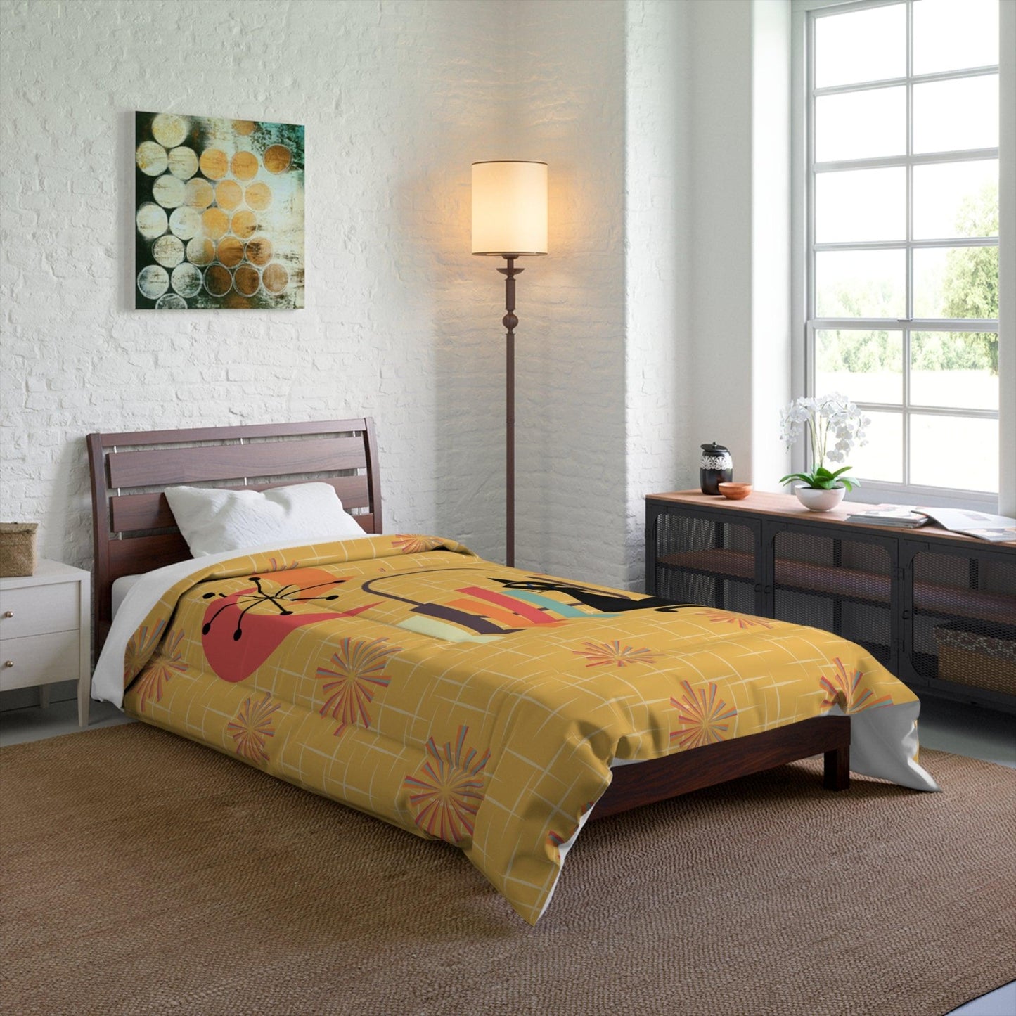 Atomic Cat Mid Century Mod Starburst Retro Yellow Comforter | lovevisionkarma.com