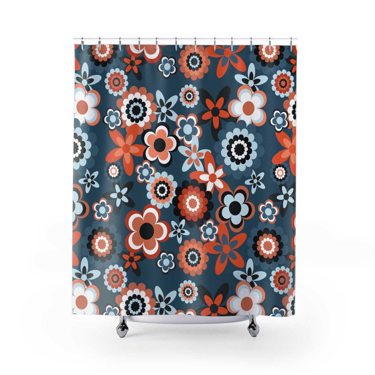Retro 60s 70s Groovy Flowers Boho Mid Century Mod Coral & Blue Shower Curtain