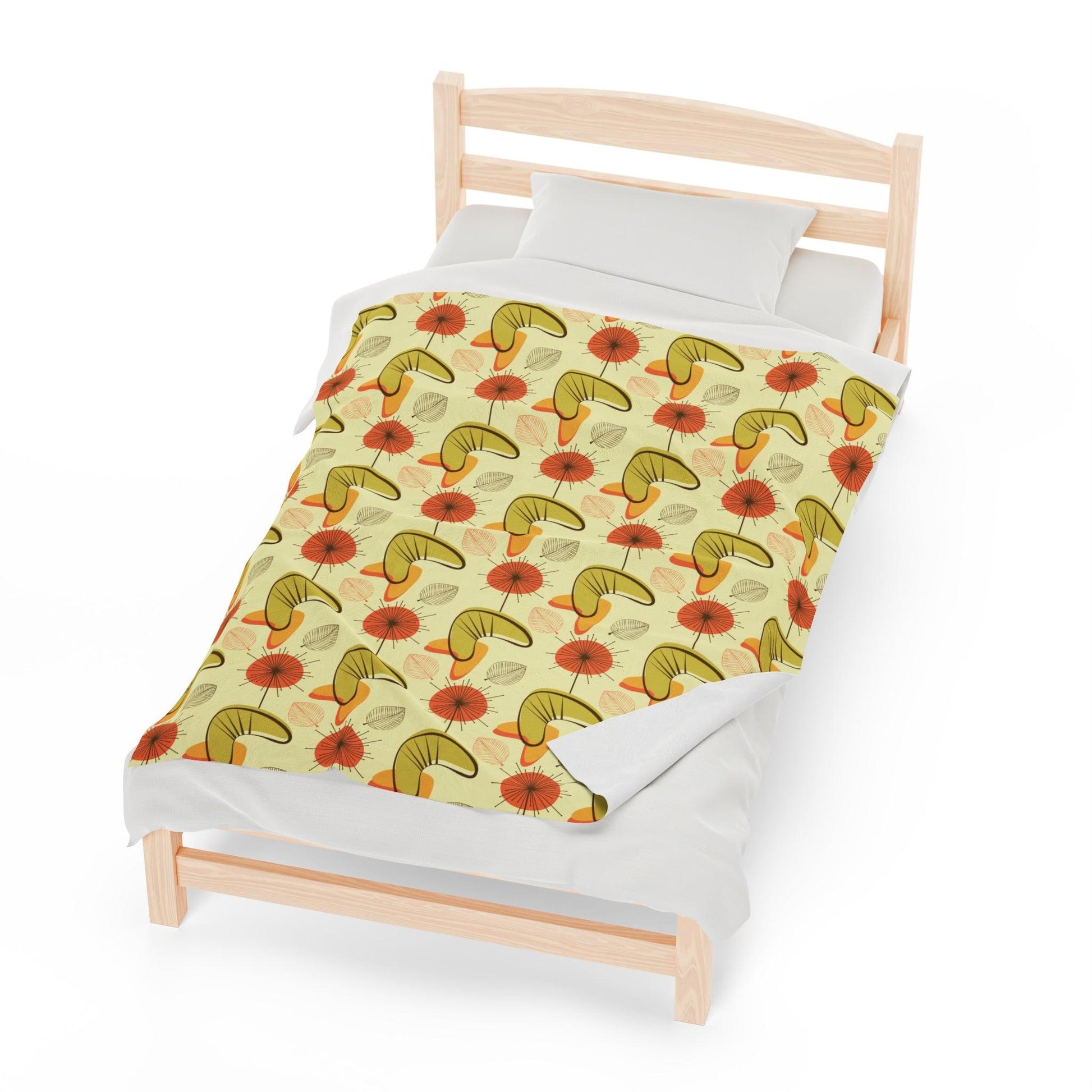 Retro Atomic Boomerangs & Leaves MCM Orange, Green & Yellow Lightweight Velveteen Blanket | lovevisionkarma.com