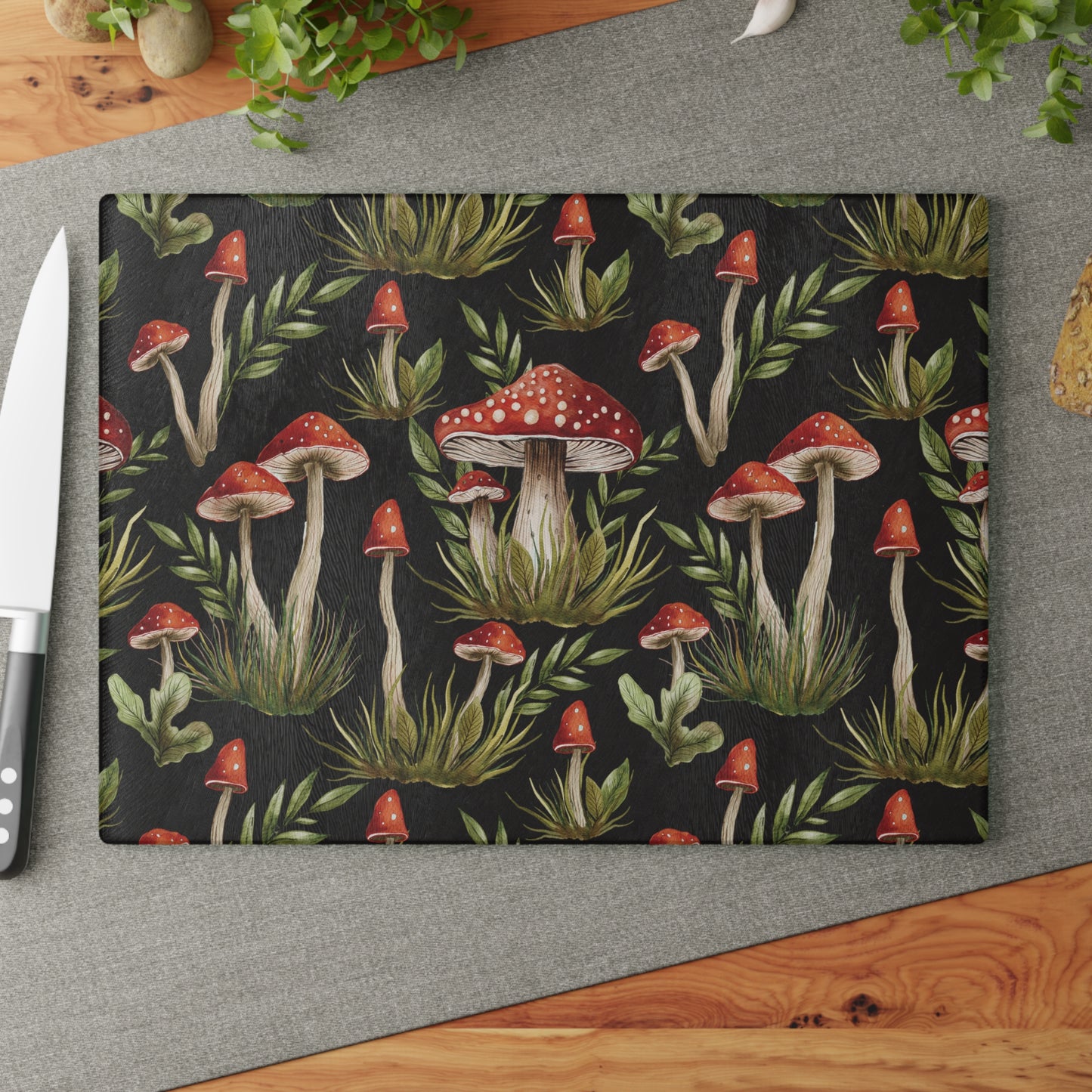 Amanita Muscaria Mushroom, Boho Dark Cottagecore Watercolor Black, Red & Green Glass Cutting Board