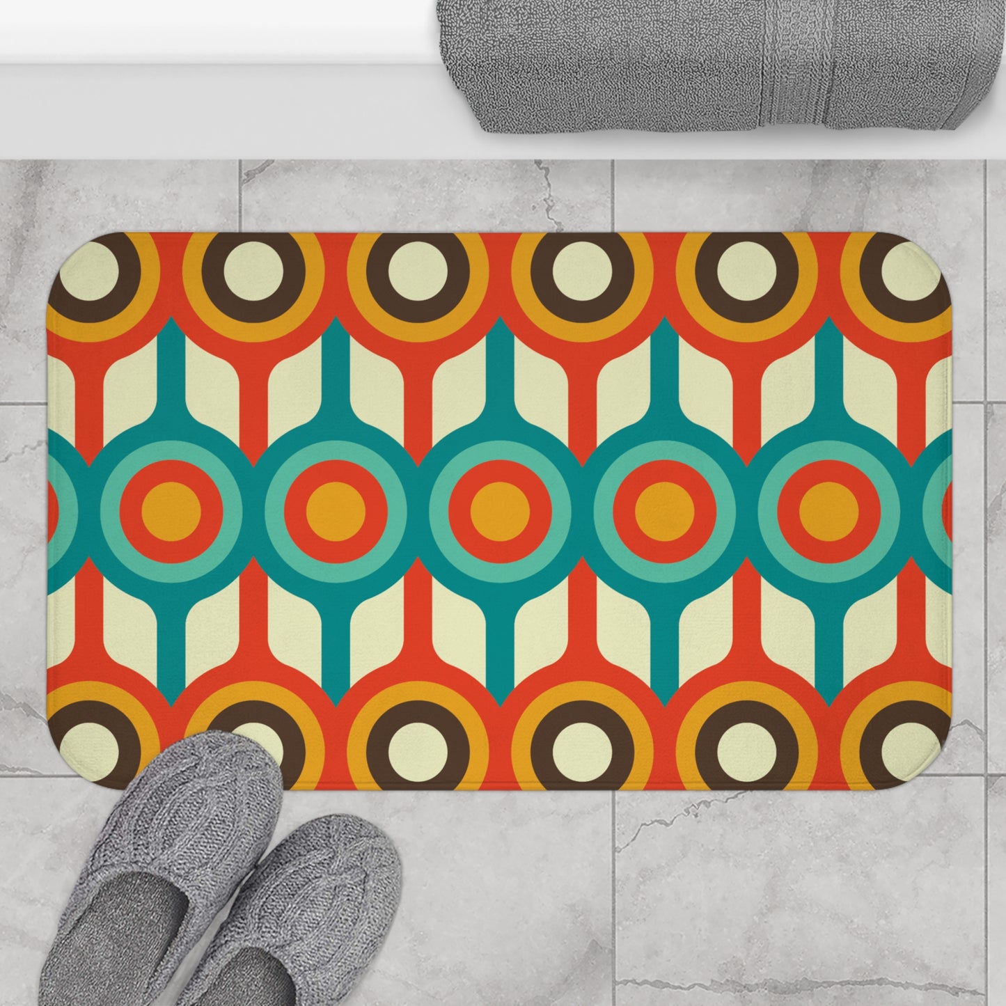 Retro 50s 60s Mid Century Circles Blue, Orange & Brown Bath Mat